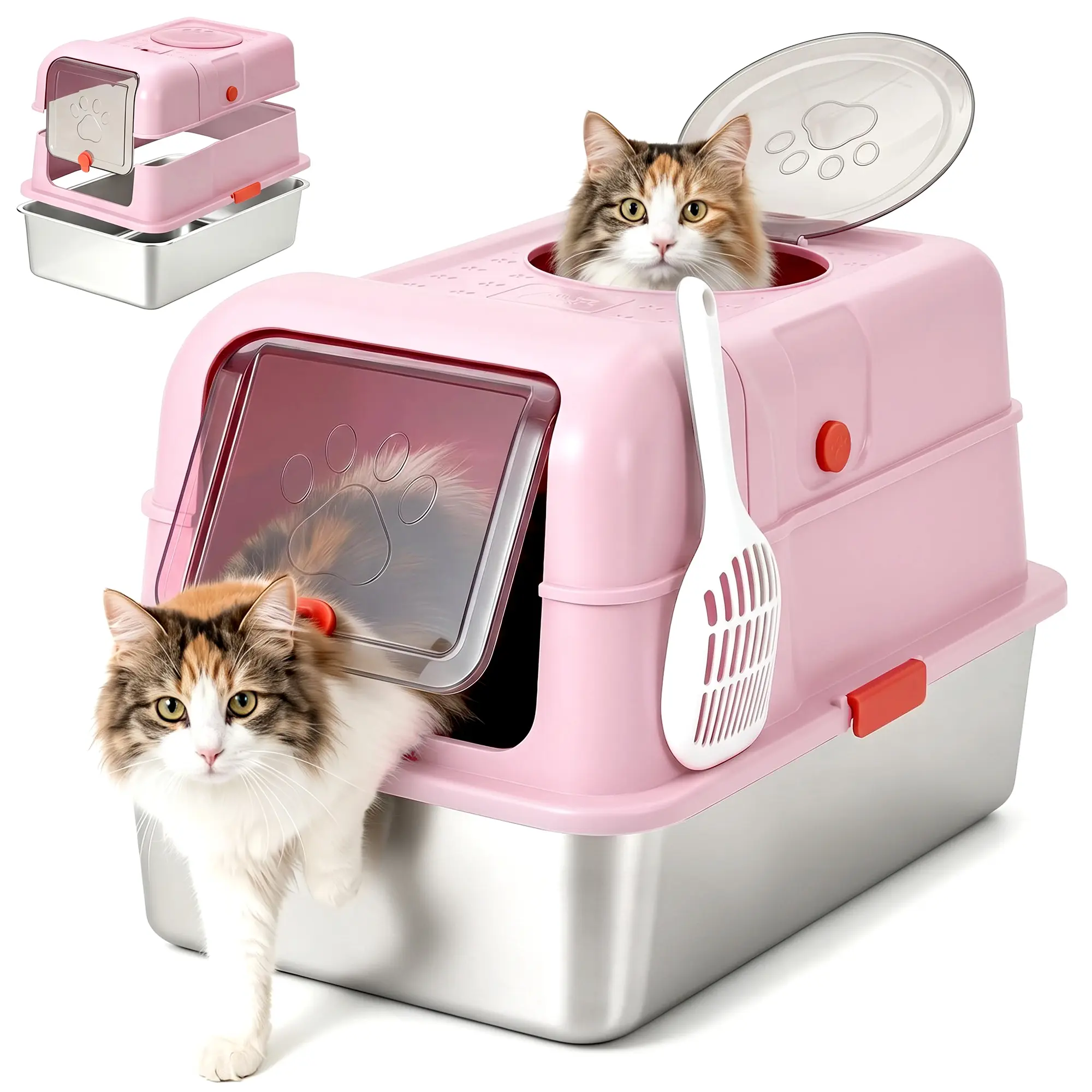 Large Pink Stainless Steel Dog-Proof Litter Box - Fully Enclosed Metal Cat Litterbox with Lid, Odor-Free, Easy to Clean, Includes Scoop, 23.6"L