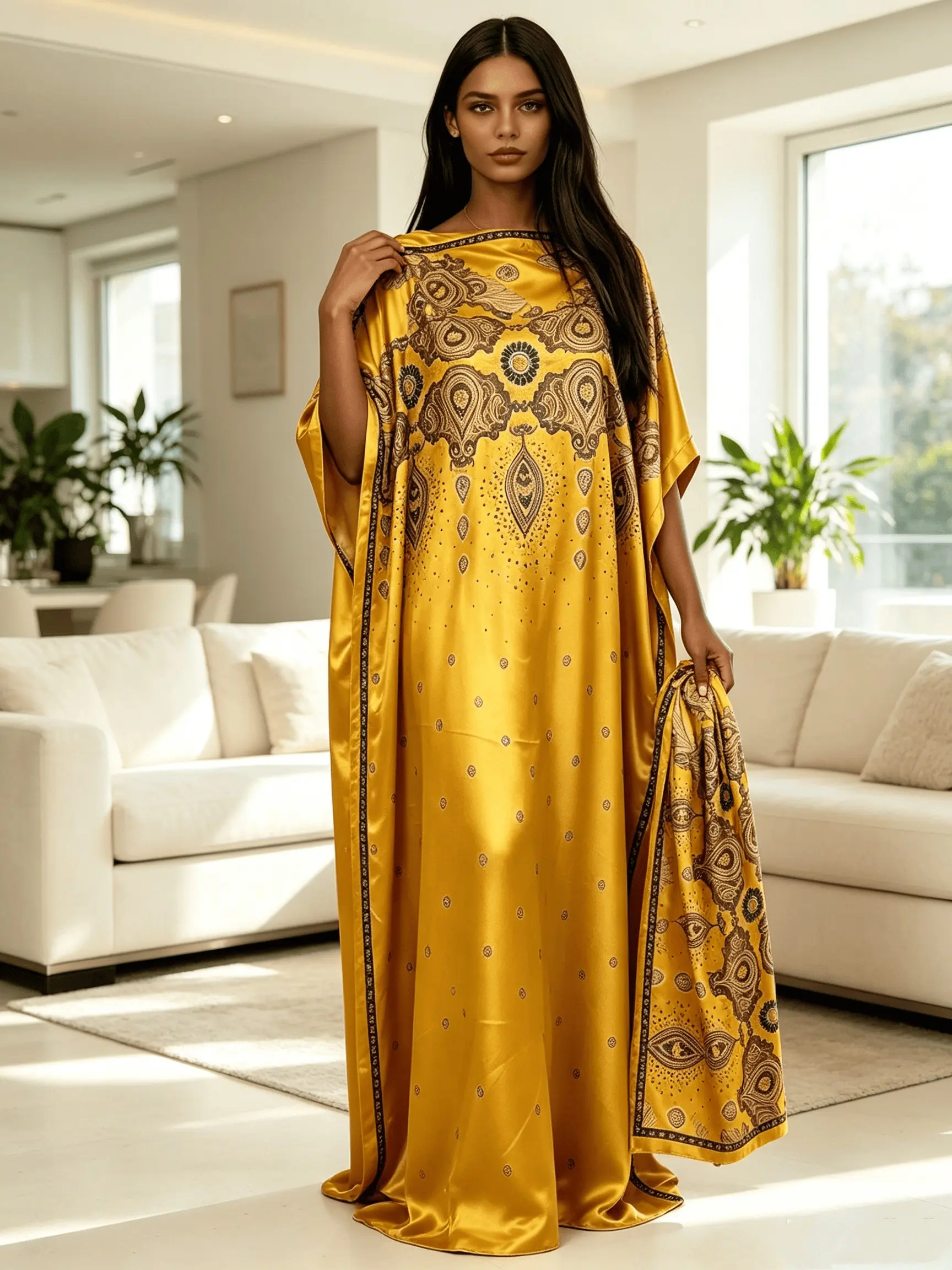 Plus Size Golden Yellow Paisley Satin Maxi Kaftan Dress with Matching Printed Headwrap Scarf 2 Piece Set, Lightweight Silky Batwing Long Loungewear Nightgown, Ethnic Print Beach Cover Up Pajama Outfit for Curvy Women