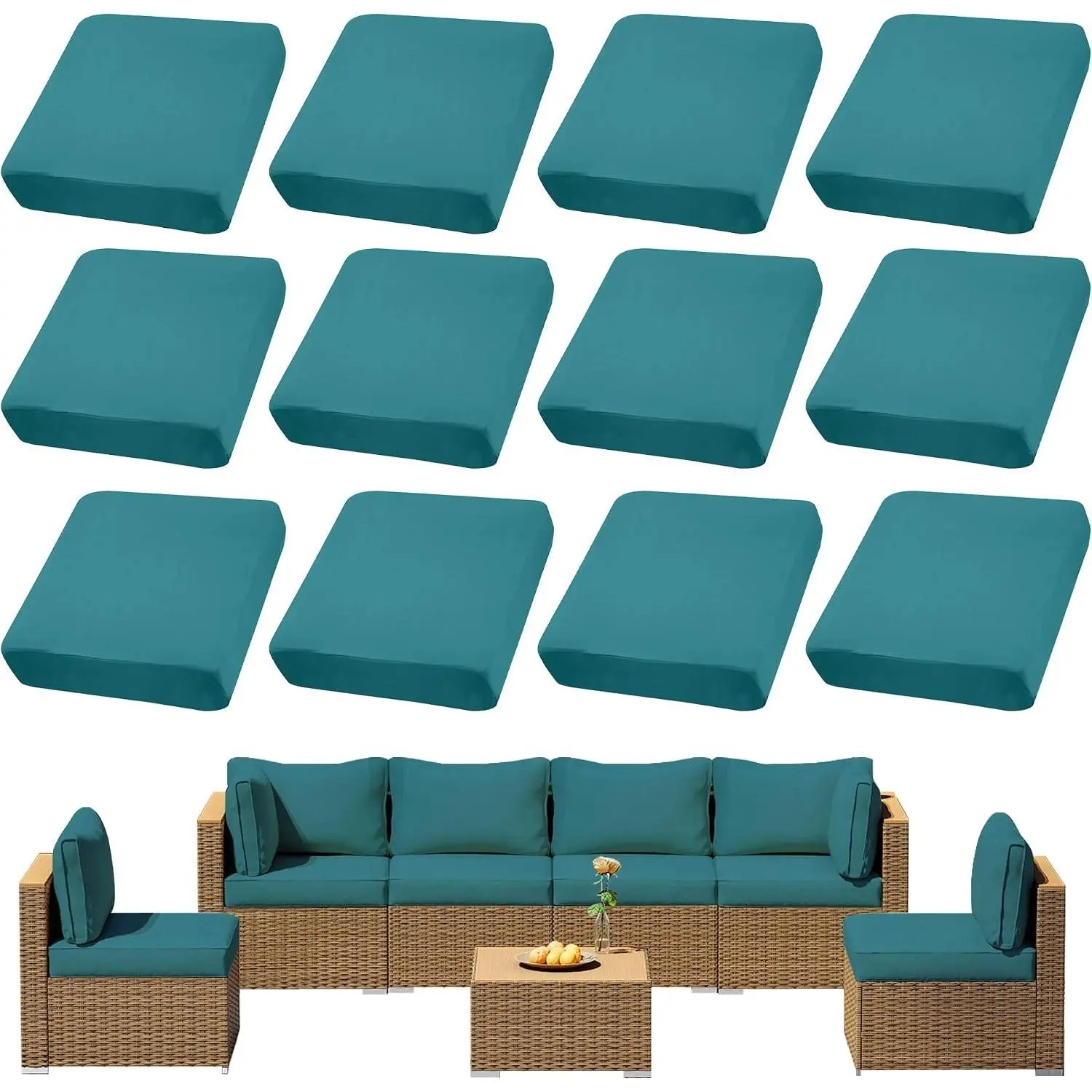 12Pcs Outdoor Cushion Covers, Patio Cushion Covers,Stretch Elastic Slipcovers, Replacement Washable & Reusable Furniture Protector for Patio Couch (Peacock Blue,Cover Only)