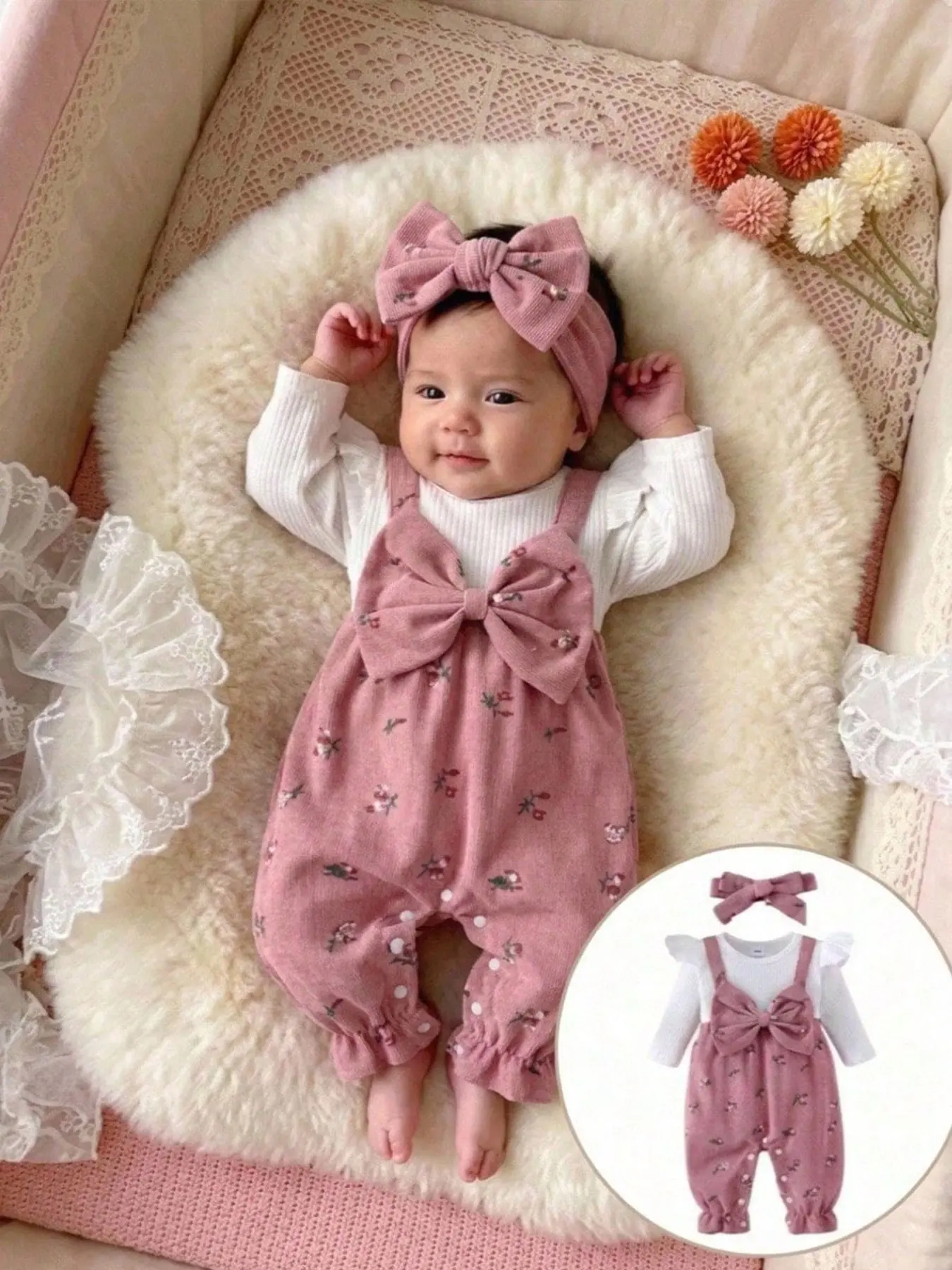 Baby Girl Spring Summer Sweet Cute Two-Piece Solid Color Plaid Patchwork Butterfly Knot Floral One-Piece Pants with Hairband