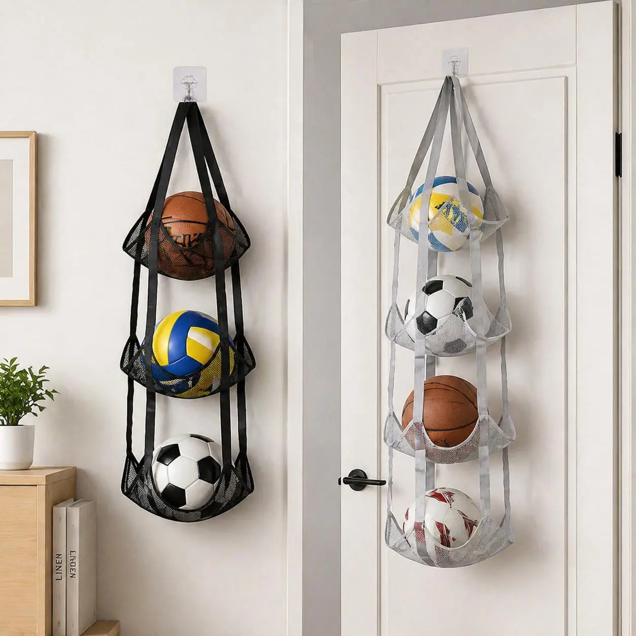 Multi-Layer Hanging Ball Storage Organizer – Wall Mounted Mesh Sports Equipment Rack, Space-Saving Basketball Football Soccer Holder for Garage, Gym & Kids Room