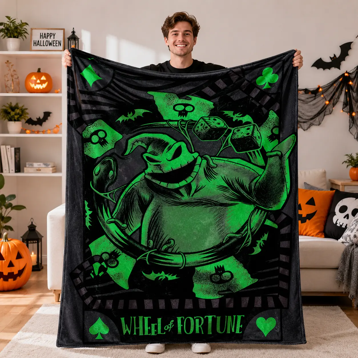 Nightmare Before Christmas Themed Flannel Throw Blanket - Wheel of Fortune Design, Soft & Lightweight for Couch, Bed, Travel - Multi-Use Polyester Nap Blanket for Halloween & Christmas Decor - Versatile for All Occasions - 52x59 inches