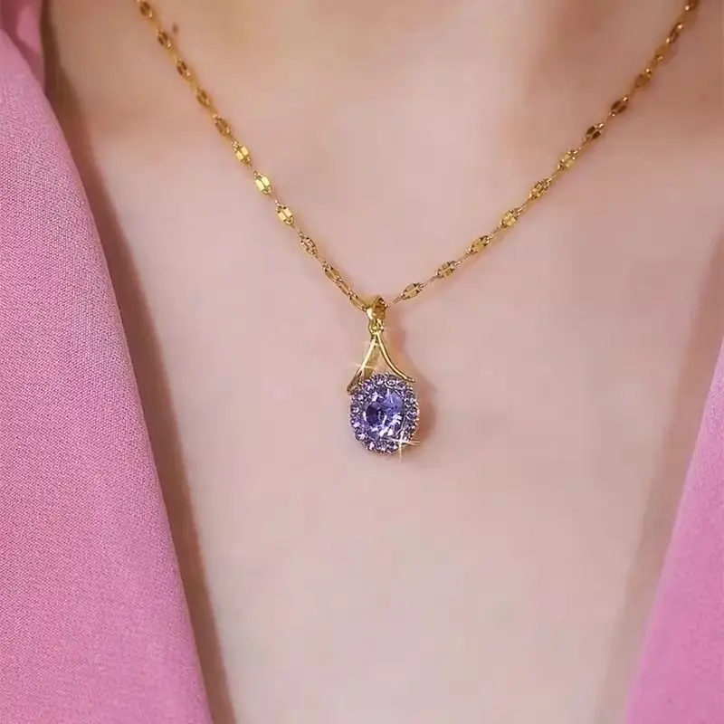 Women's Purple Zircon Artificial Gemstone Titanium Steel Necklace - 2026 New Popular Luxury Niche High-End Fashion Statement Piece, Elegant and Modern Female Jewelry Accessory, Style A10255-XL, Adults
