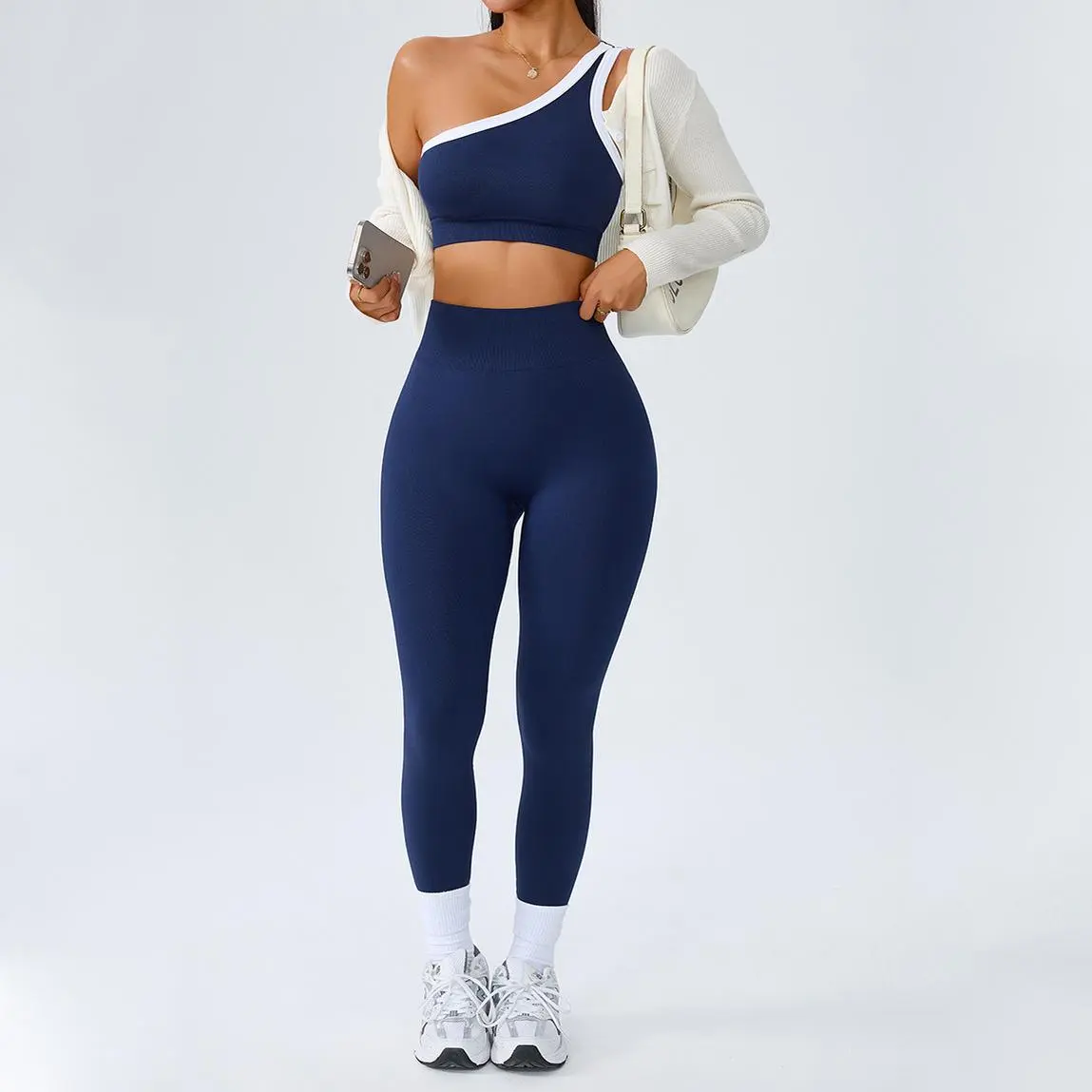 Women’s Contrast Trim One Shoulder 2 Piece Workout Matching Set, High Stretch Seamless Contour High Waist Leggings & Color Block Sports Bra, Breathable Athletic Outfit for Yoga Pilates Running Gym Daily Wear