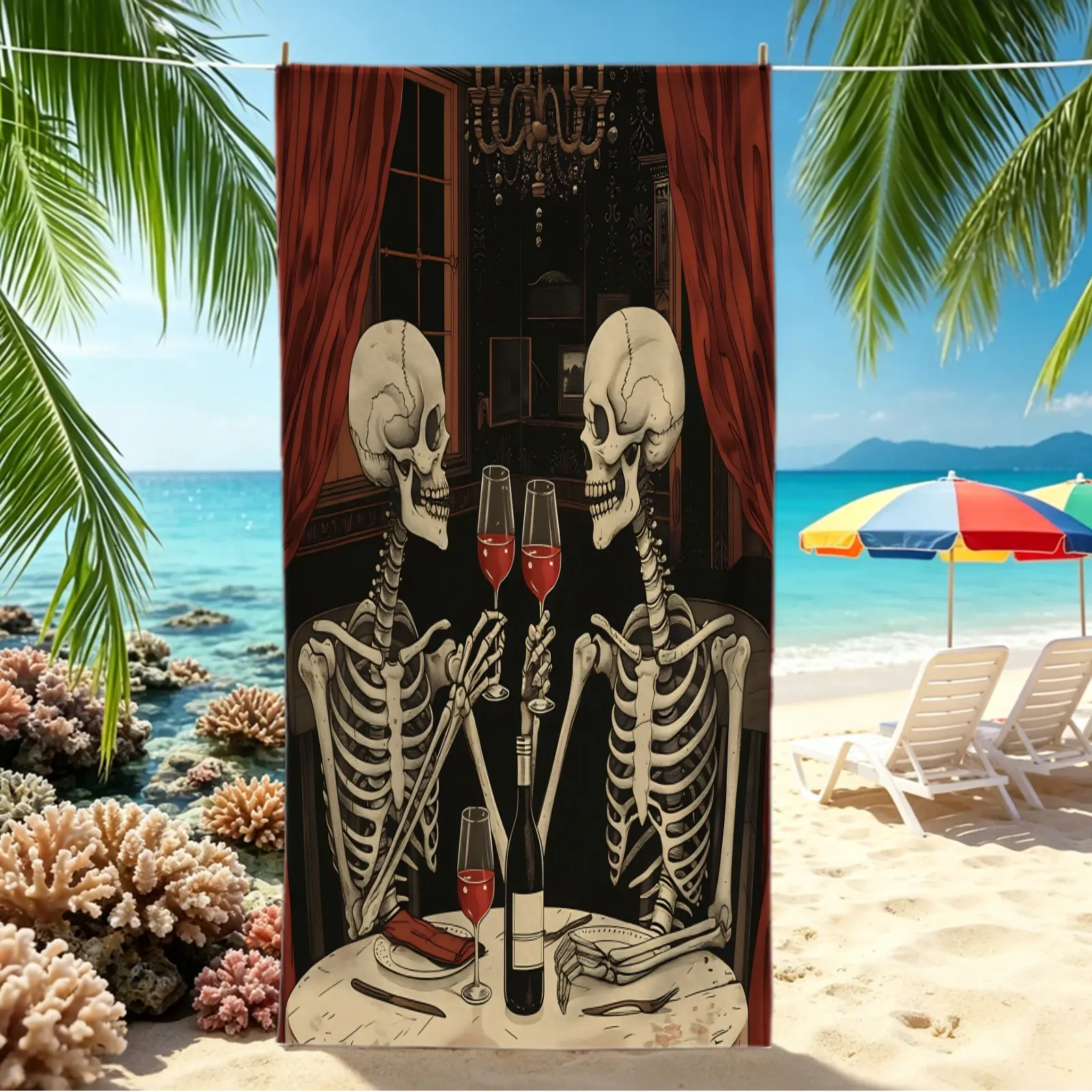 Gothic Halloween Digital Print Beach Towel, Quick Dry Pool Towel, Portable Camping Towel, Absorbent Bath Towel Blanket With Skeleton Haunted House Pattern, Ideal For Travel Outdoor Activities, Halloween Accessory For Adults
