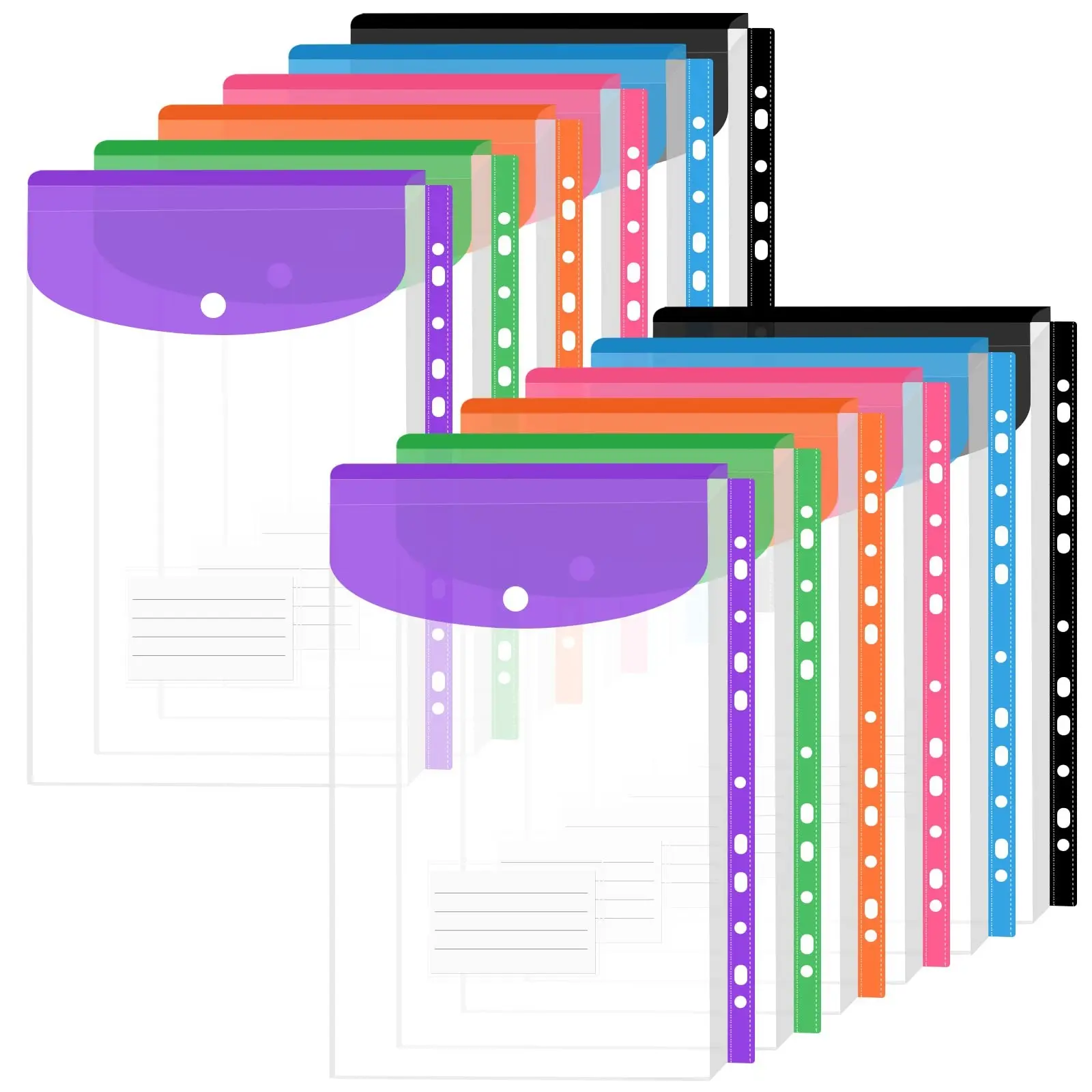 12 Pack Plastic Envelopes Binder Pocket 11 Holes Expandable Binder Folders for 2/3/4 Ring Document Pouch with Snap Button & Label Loose-Leaf Transparent for School Home Office Document Organizer