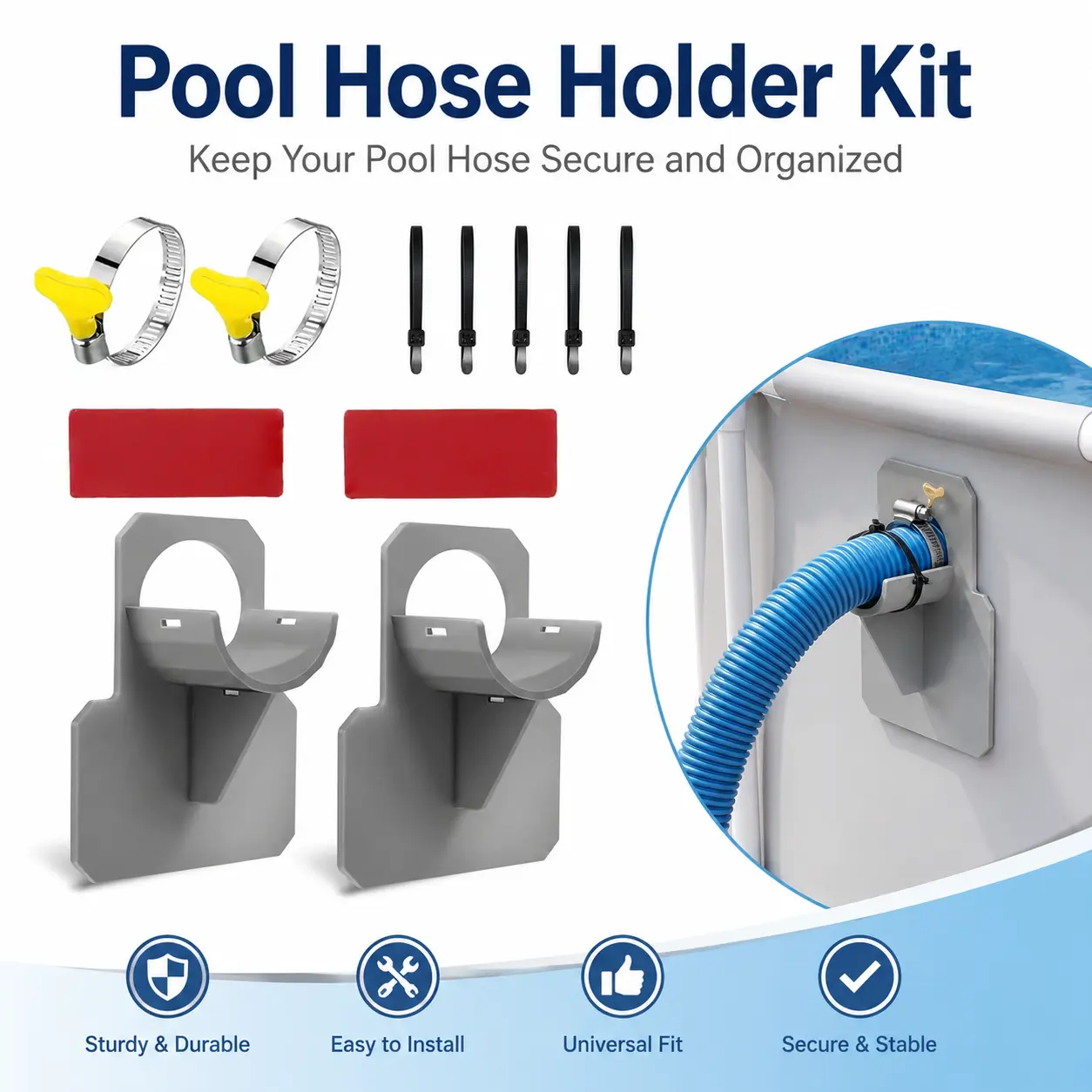 2 Pcs Pool Hose Holder Kit, Heavy Duty Uv Resistant Pool Pipe Support Bracket, No Drill Adhesive Mount Hose Fixing Clip, For Above Ground Swimming Pool Filter Pump Hoses Accessory-YY0