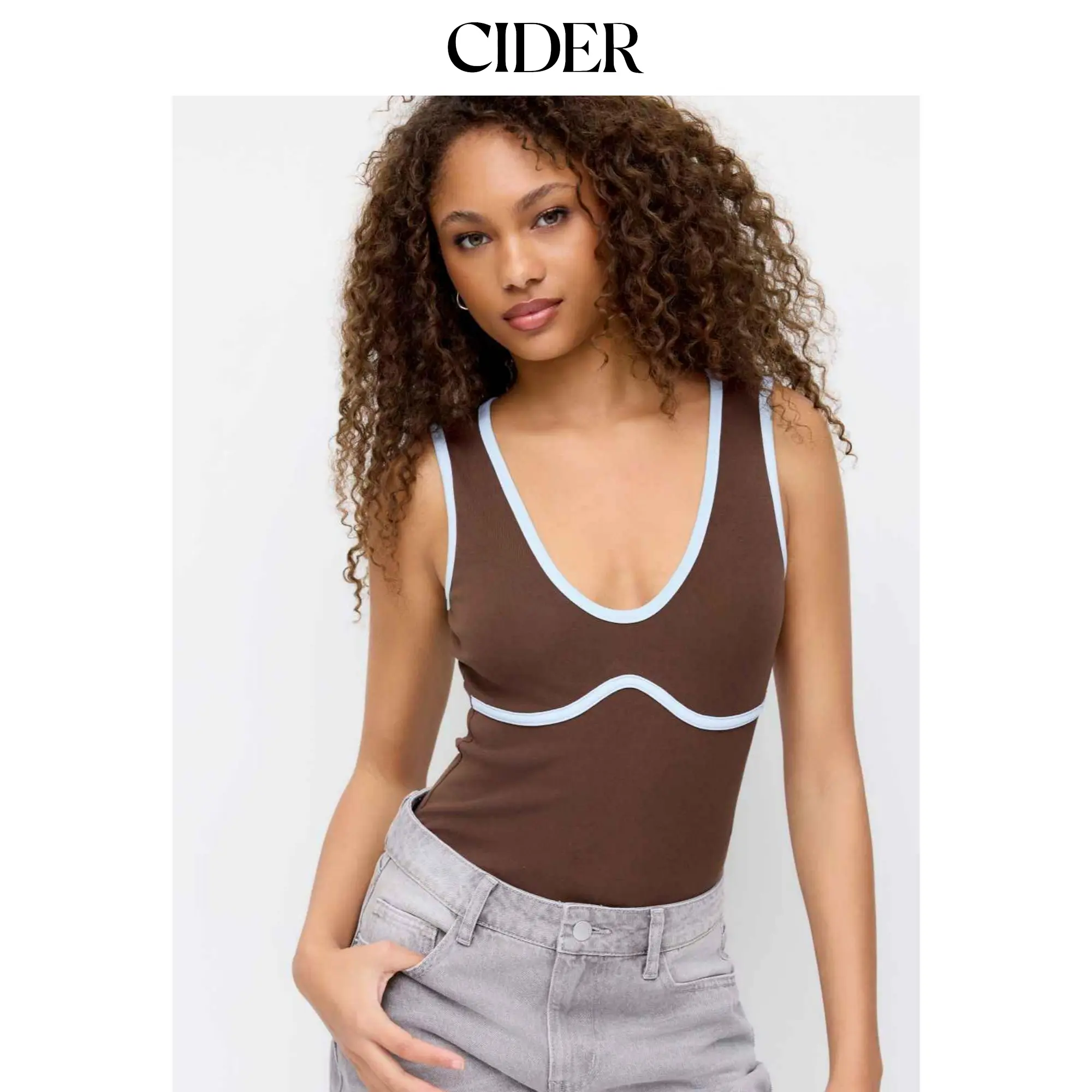 Cider Cotton-blend Scoop Neck Colorblock Bodysuit