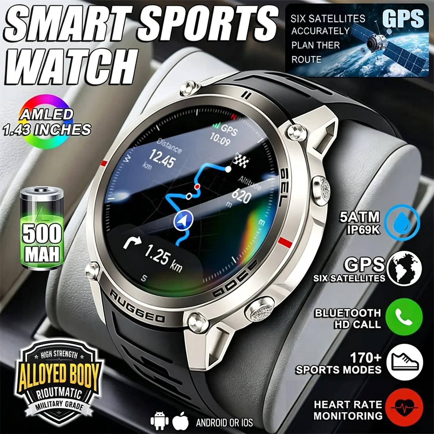 Outdoor Six-Star GPS Map Navigation Smart Watch, 5atm Waterproof, Bluetooth-compatible Call, Sports Bracelet, Offline Map, Analog-Digital Face