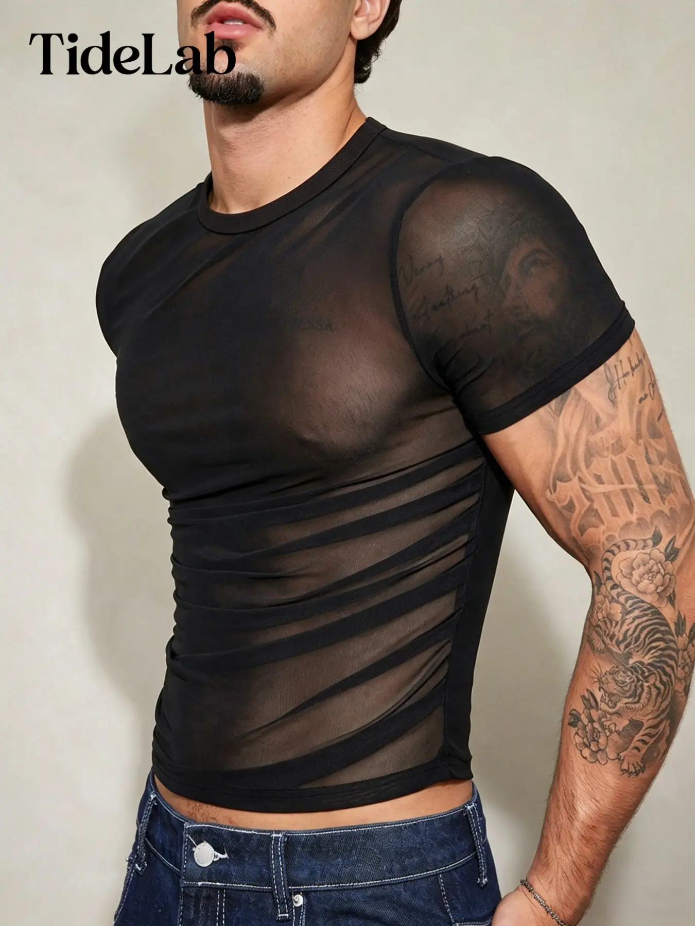 Unisex Sexy Mesh Classic T-Shirt, Tight-Fitting Round Neck Side Stripe Pleated Semi-Transparent Short Sleeve Black Top, American Style Fashion