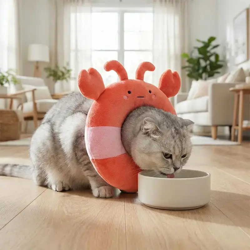 Lobster Cat Recovery Collar - Polyester Fabric, Adjustable, Lightweight Fit, Post-Surgery Wound Protection, Prevents Licking and Scratching