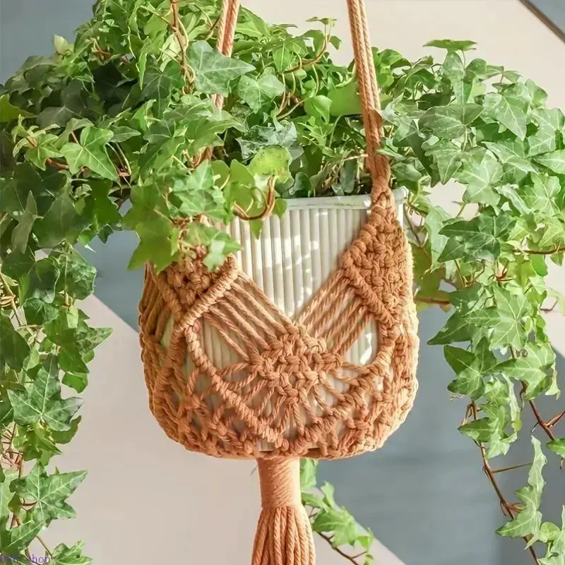 Boho Hand-Knitted Macrame Plant Hanger - 1 Pc Patterned Holder - Home Use Decor Accessory - Holds Plants Up To 8in Pots - Sohochic Fashion Accessory