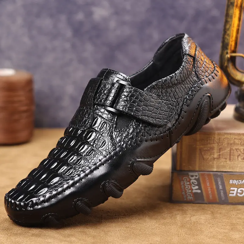 Bdhjydb Men's British Vintage Cow Leather Loafers, Lightweight Flat Casual Shoes with Hook and Loop Closure and All-Season Rubber Sole, Footwear, All Seasons, Hook Loop Fasten, Pu Inner Layer, Walking Shoes
