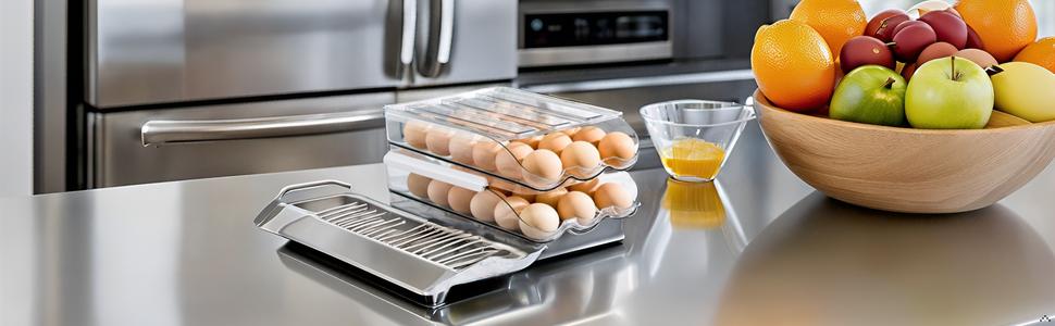 Egg holder for fridge, Egg organizer for refrigerator, Automatic Rolling Egg Container, Egg storage Container Organizer, Clear Plastic Egg Tray, Egg dispenser, Egg rack (Double-layers)