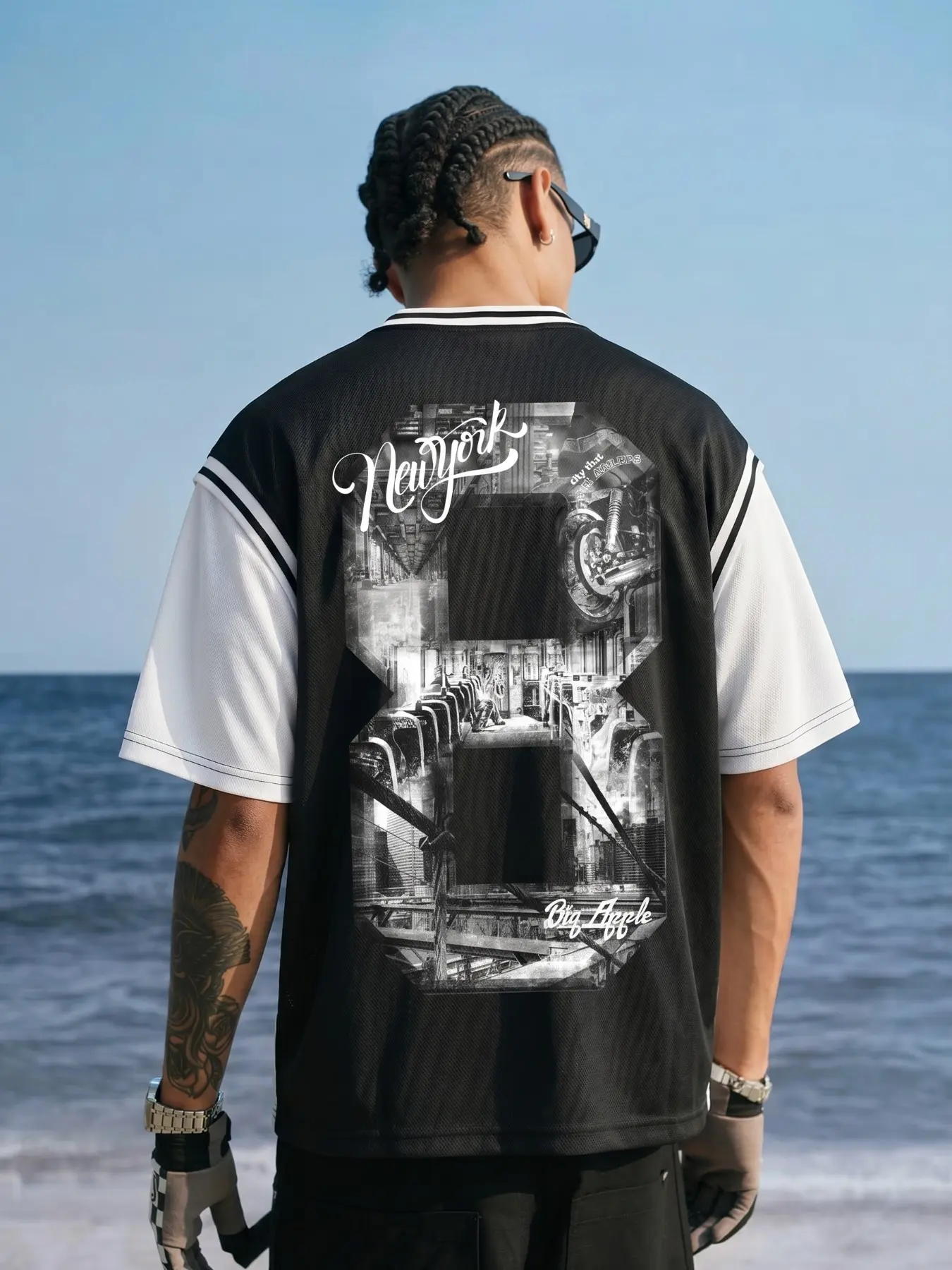 Vintage Black & White Contrast Mesh Baseball Jersey with New York City Big Apple Subway Photo Print, Oversized Loose Fit Streetwear Short Sleeve Top, Must-have Summer Casual Daily Skater Outfit for Teen Guys & Streetwear Lovers. #Streetwear #BaseballJerse