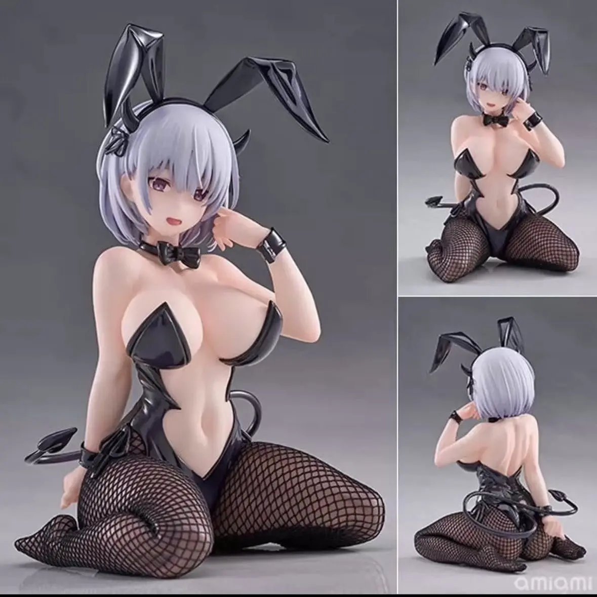 Lume Bunny Girl Kneeling Figure, 15cm Tall, Gradient Silver Hair, Net Socks, Leather Ears, Plush Base, Desktop Anime Decor, Desktop Decor Figures