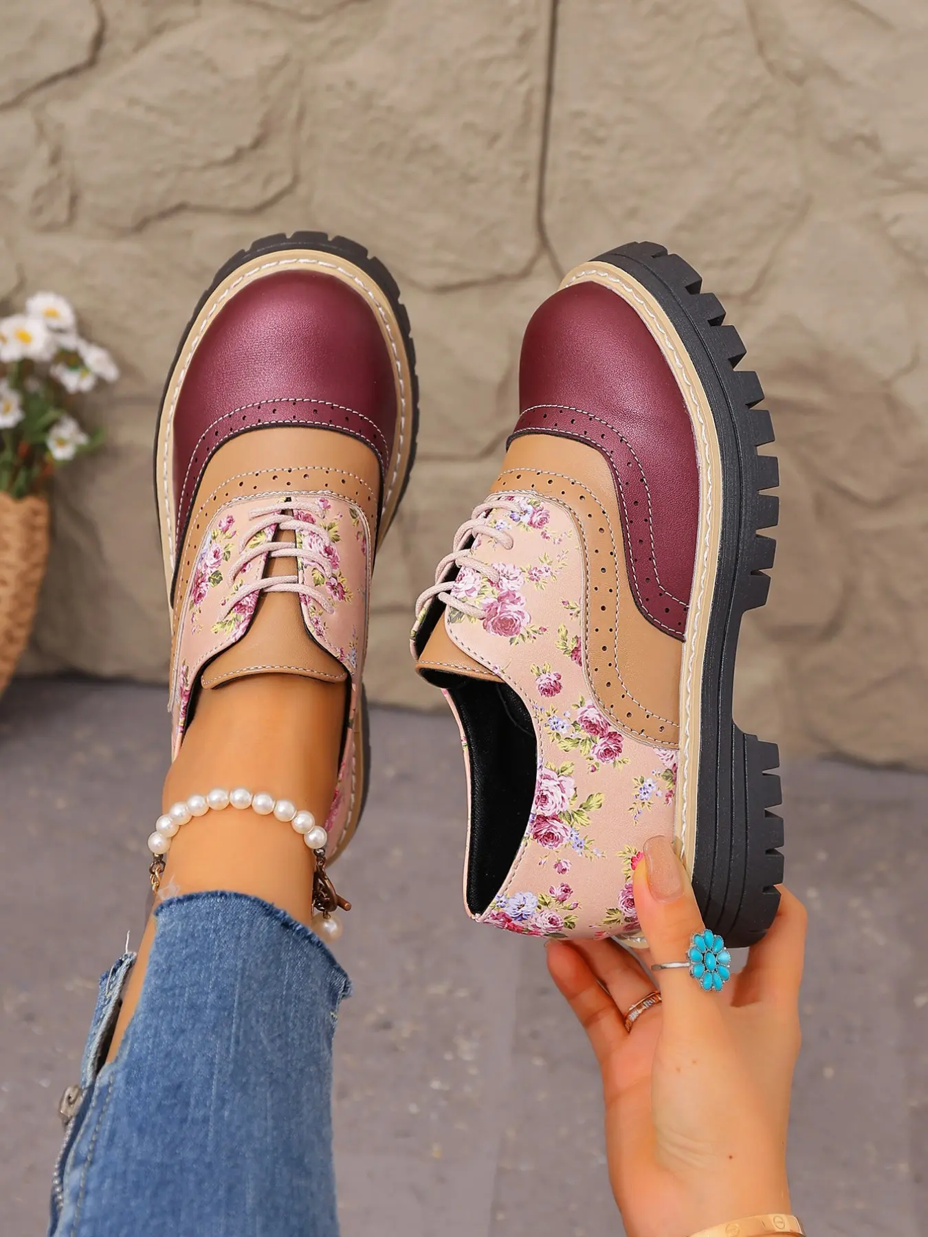 Women's Floral Patchwork Brogue Shoes, Dual Color Options, Embossed Design, Flower Print, Anti-Slip Thick Sole, Vintage College Style, Brogue Detailing
