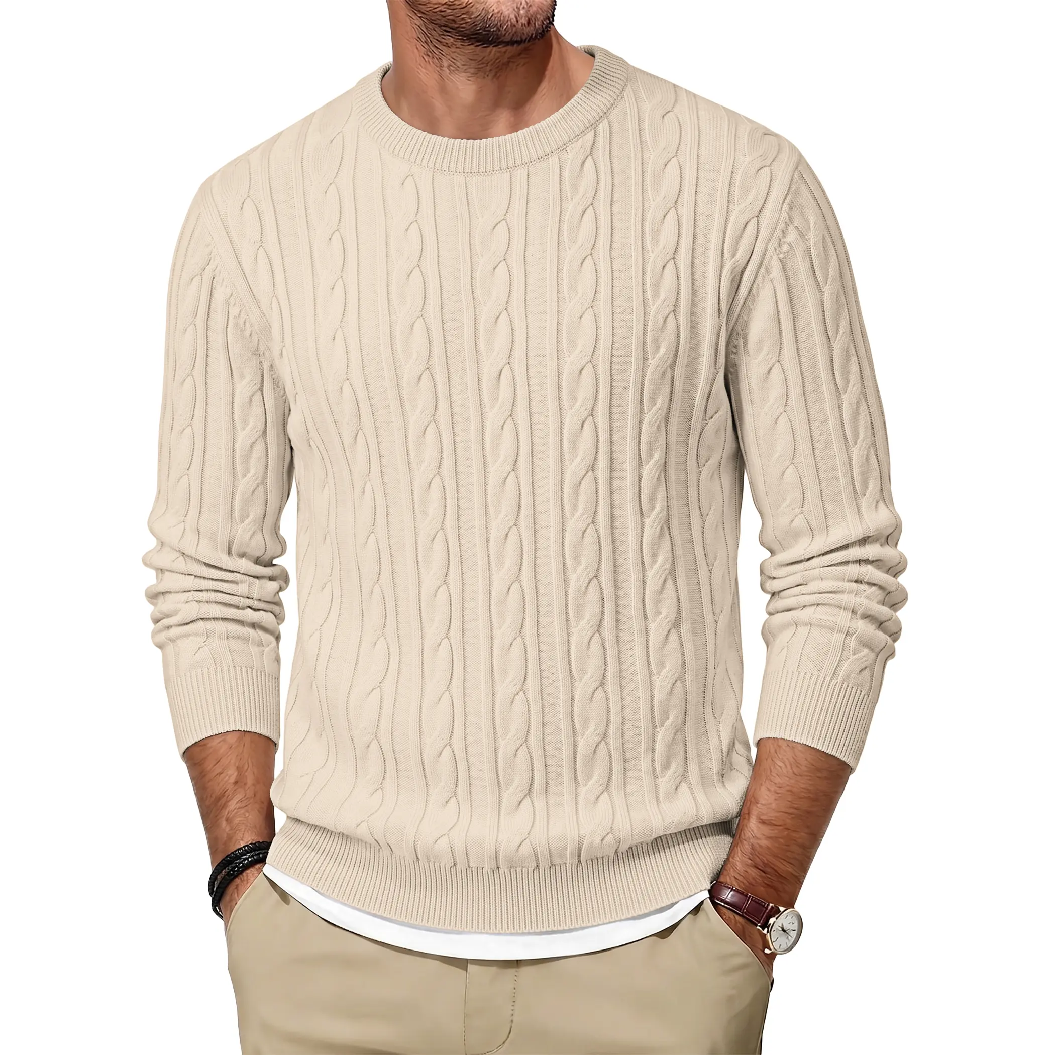 AUSELILY MEN Cloud Soft Jacquard Knit Sweater Men's Crewneck Textured Pullover Casual Fall Winter