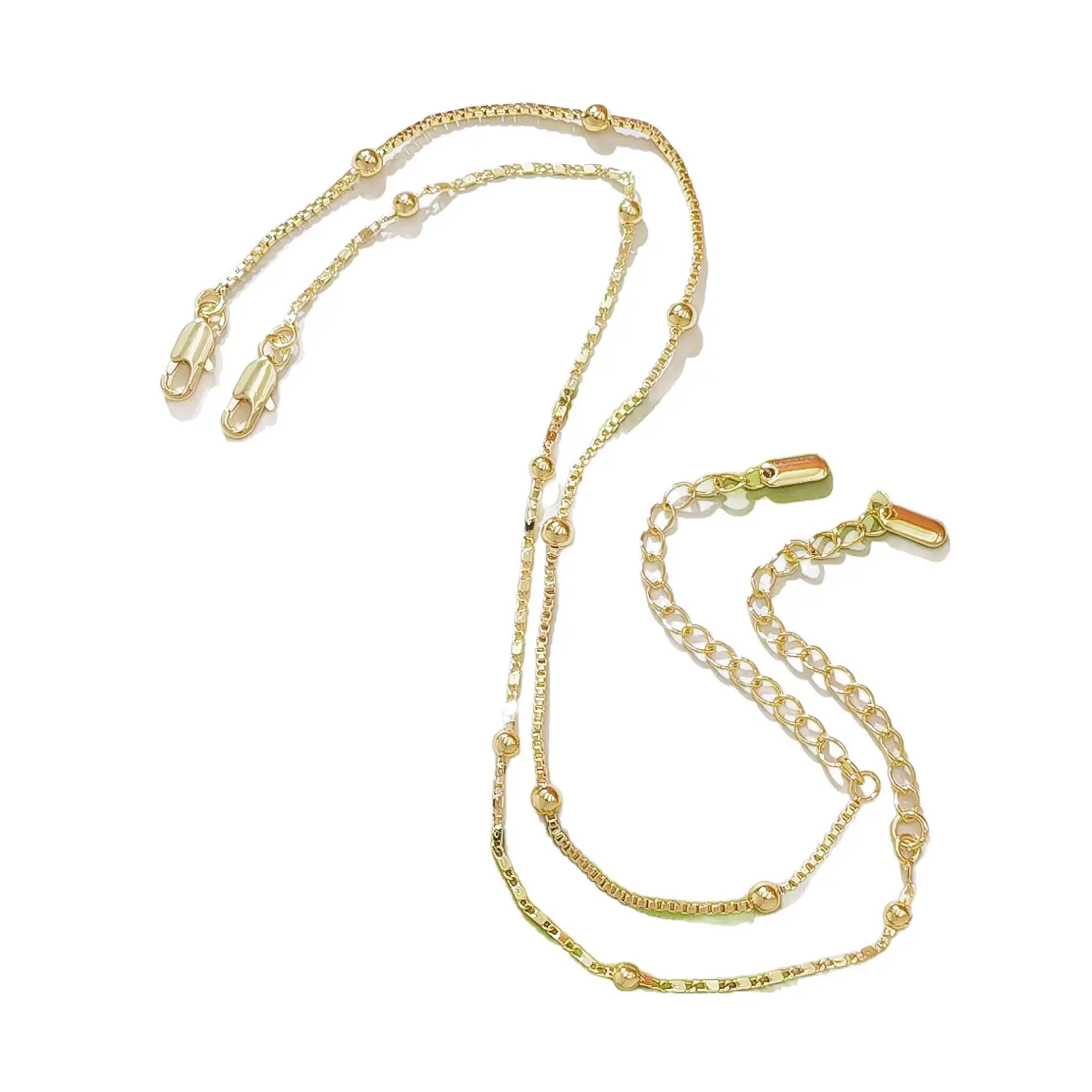 14K Gold Plated Layered Anklet for Women, Dainty Double Row Bead Box Chain Foot Jewelry, Adjustable Anklet Bracelet with Lobster Clasps, Elegant Summer Beach Party Gift