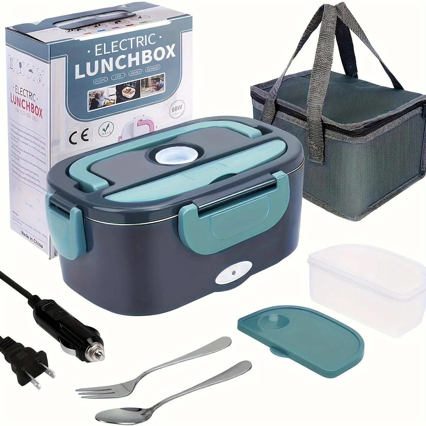 NextQube 2026 New 60W Heat Up Lunch Box Portable - 60.87oz Leakproof Lunchbox, 12V-24V-110V Home/Car-Truck 12V Heat Device, Removable Easy-Clean Container, Included Adults Tableware for Commutes