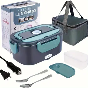 2026 New 60W Electric Lunch Box, 60.87oz Larger Food Warmer with Self-Heating Function, 12V-24V-110V Portable Heater for Car, Truck, Travel, Leakproof Removable Container with Tableware for Adults