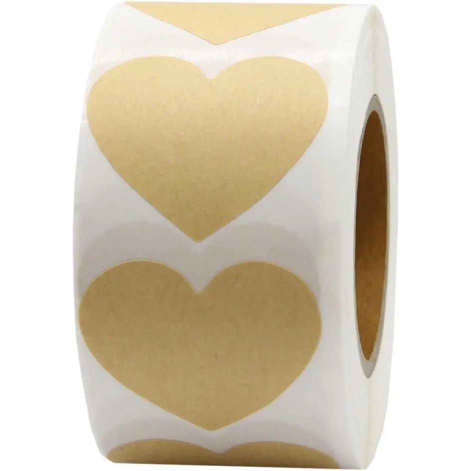 Love Heart Shape Natural Kraft Permanent Adhesive Label 1.5'' Labels of Paper 500 Stickers per Roll (Heart, Kraft)