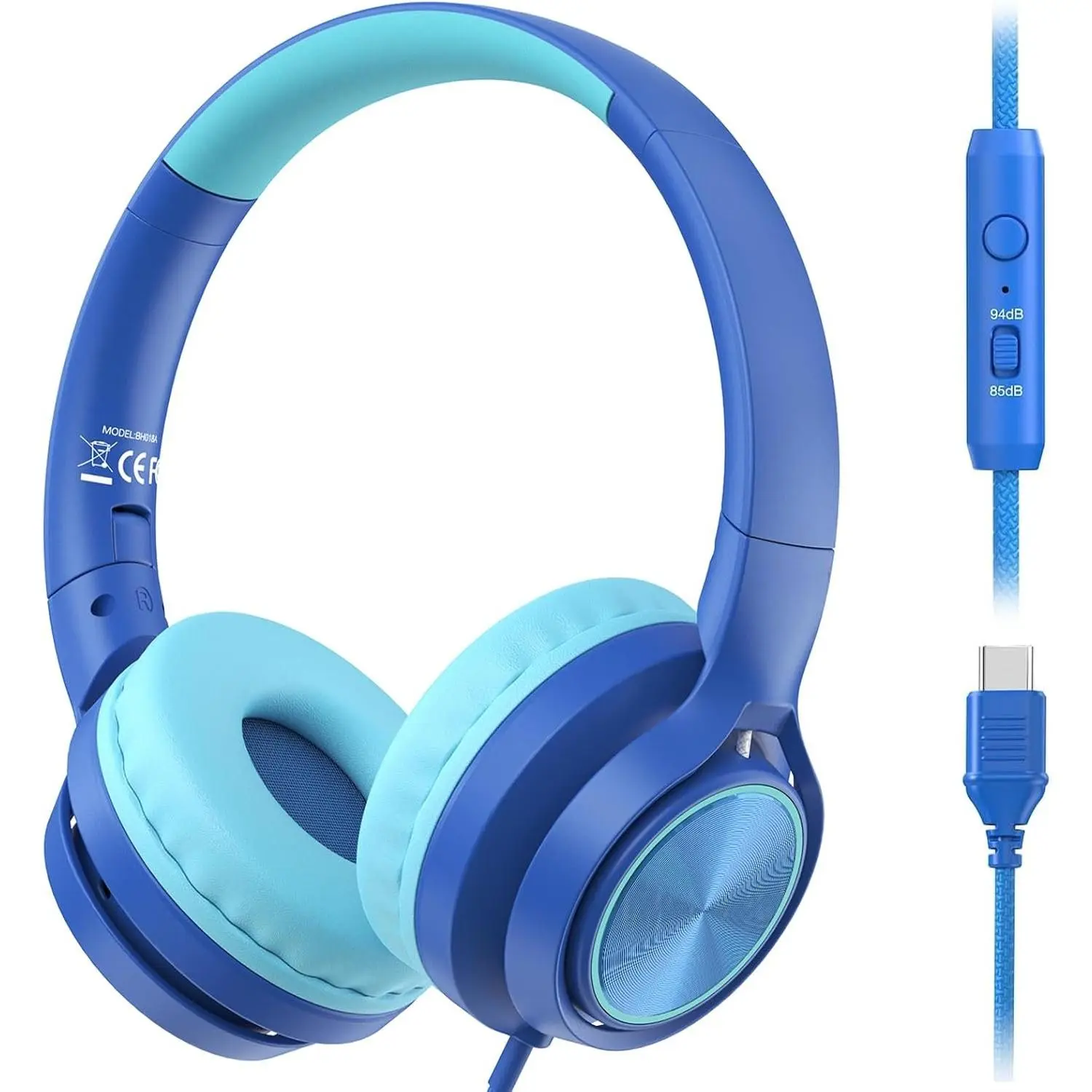 USB-C  Headphones with Mic, Safe Volume Limiter 85/94dB, Adjustable Headband, Foldable Wired Headphones for Boys & Girls, Over Ear Headphones for School/Chromebook/Tablet/Laptop/Travel