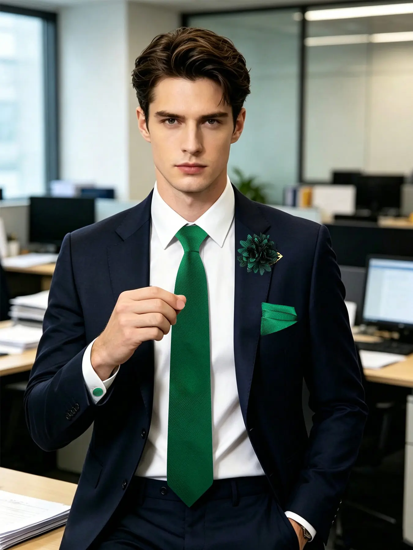 Men's Tie Set, Solid Color Necktie, Handkerchief, Cufflinks, Lapel Pin, Four-Piece Business Shirt Accessories, Office Daily Wear