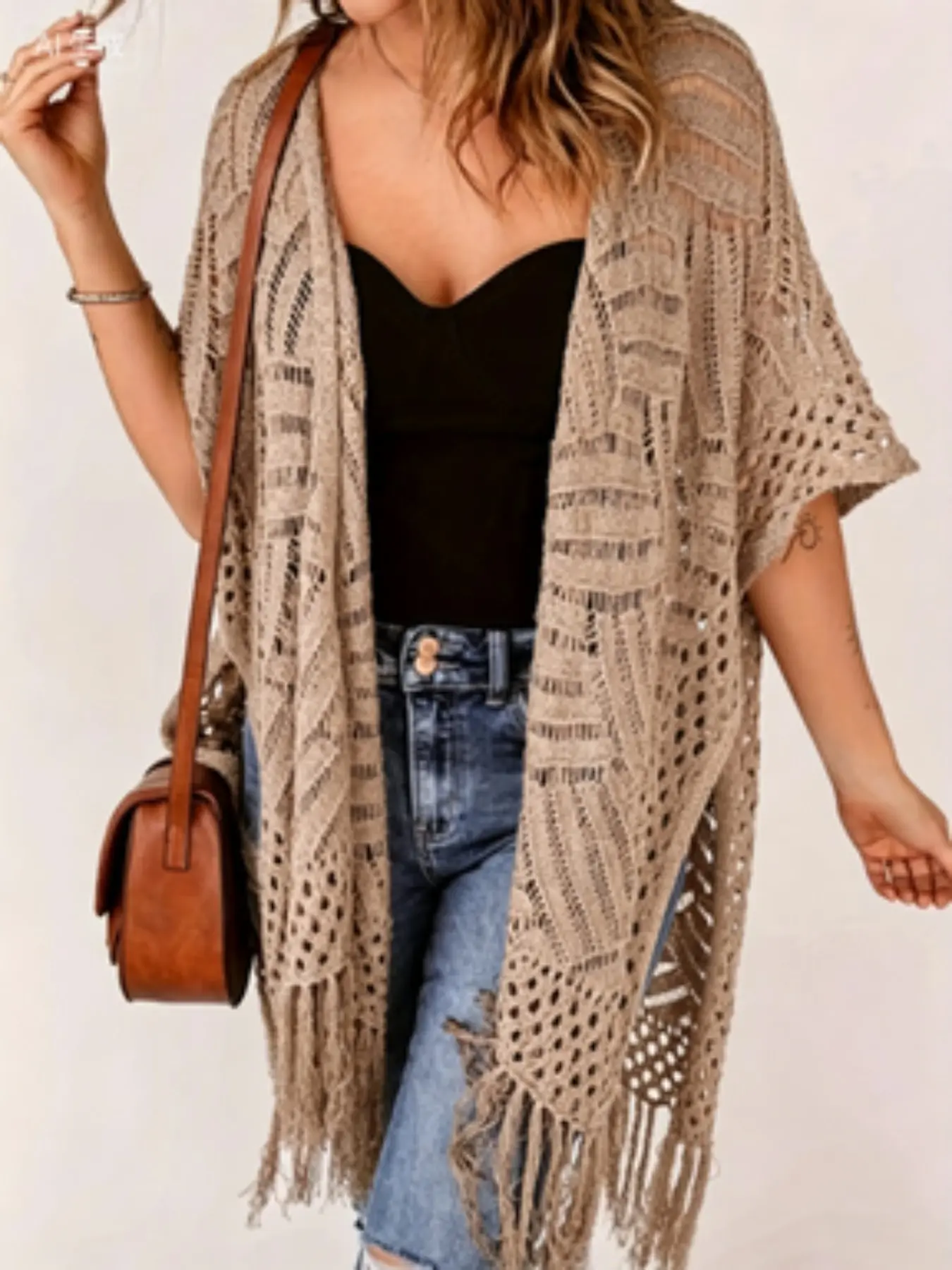 Medium-Length Fashion Loose Knit Kimono Cardigan, Hollow Out Fringe Design, Casual Women's Outerwear, All-Season Wear