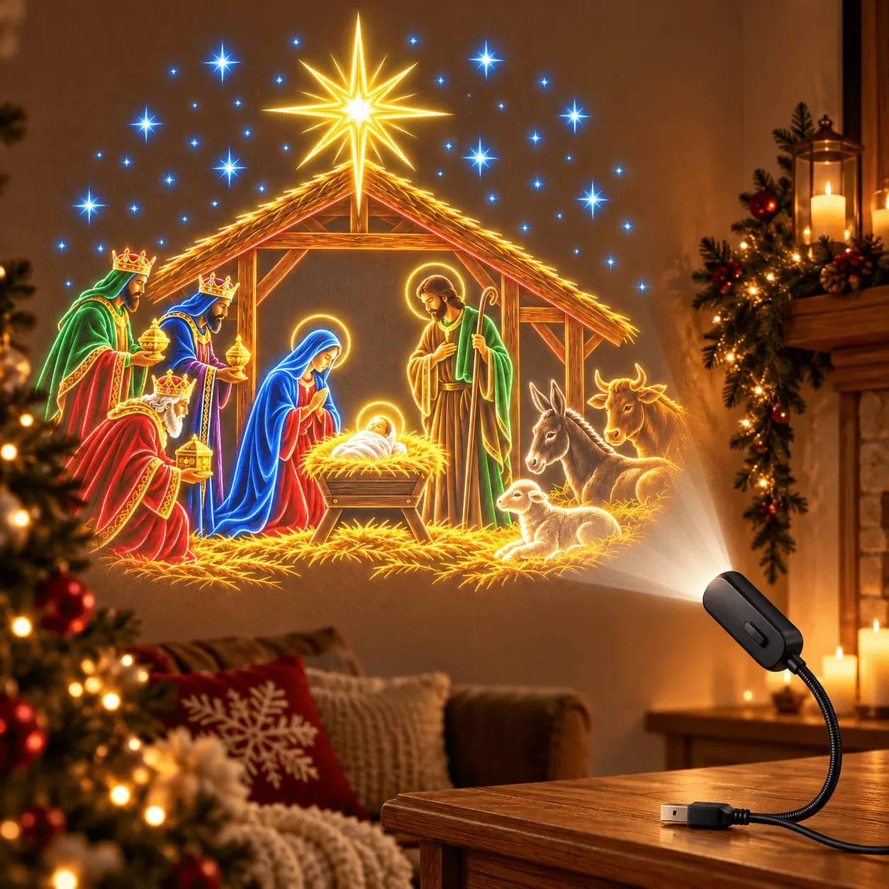 1-pack, USB plug-and-play projection lamp ( 10.83inch X 0.98inch ), colorful stable Christmas story, for faith home decor, Christmas wall art, holiday projection lamp, Christmas gift, gift for faith art enthusiasts, prayer room decor, living room decor