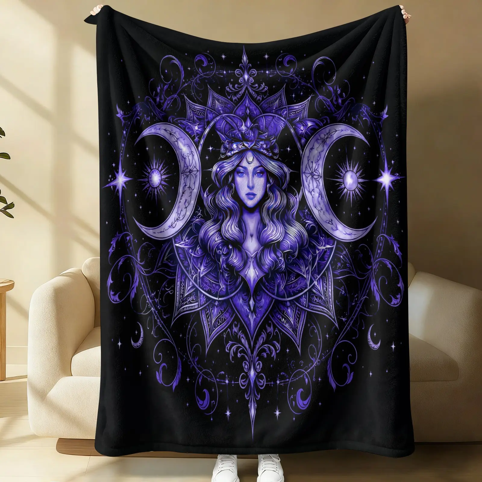 Triple Moon Goddess Witchy Flannel Blanket, Purple Celestial Sun Star Ornate Scroll Throw Blanket, Mystic Pagan Warm Blanket for Teen Girls Women, Soft Gothic Occult Style Gift Blanket, Cozy for Couch Bed Sofa, Soft Blankets