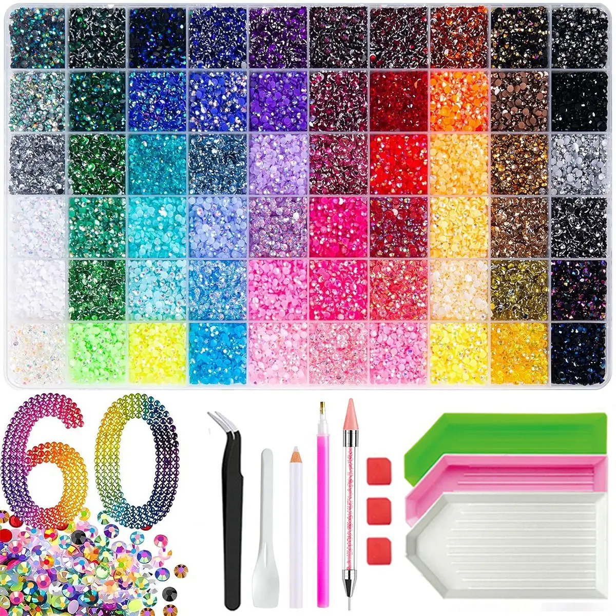 #BackToSchoolDIY 60 Colors 60000 Pieces DIY Nail Art Rhinestones, Nail Art Decoration, Bright Decorative Drills with Adhesive Tool Kit, Ideal for DIY Nail Art and Fashion Crafts