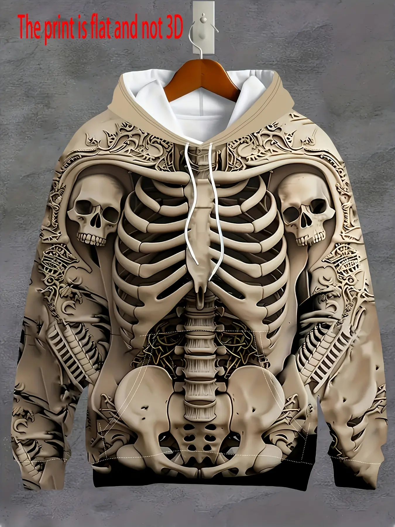 Men's Gothic Skeleton Rib Cage Full Print Hoodie, Vintage 3D Effect Skull Bone Graphic Drawstring Pullover Hooded Sweatshirt Halloween Horror Cosplay Costume Top Dark Aesthetic Streetwear