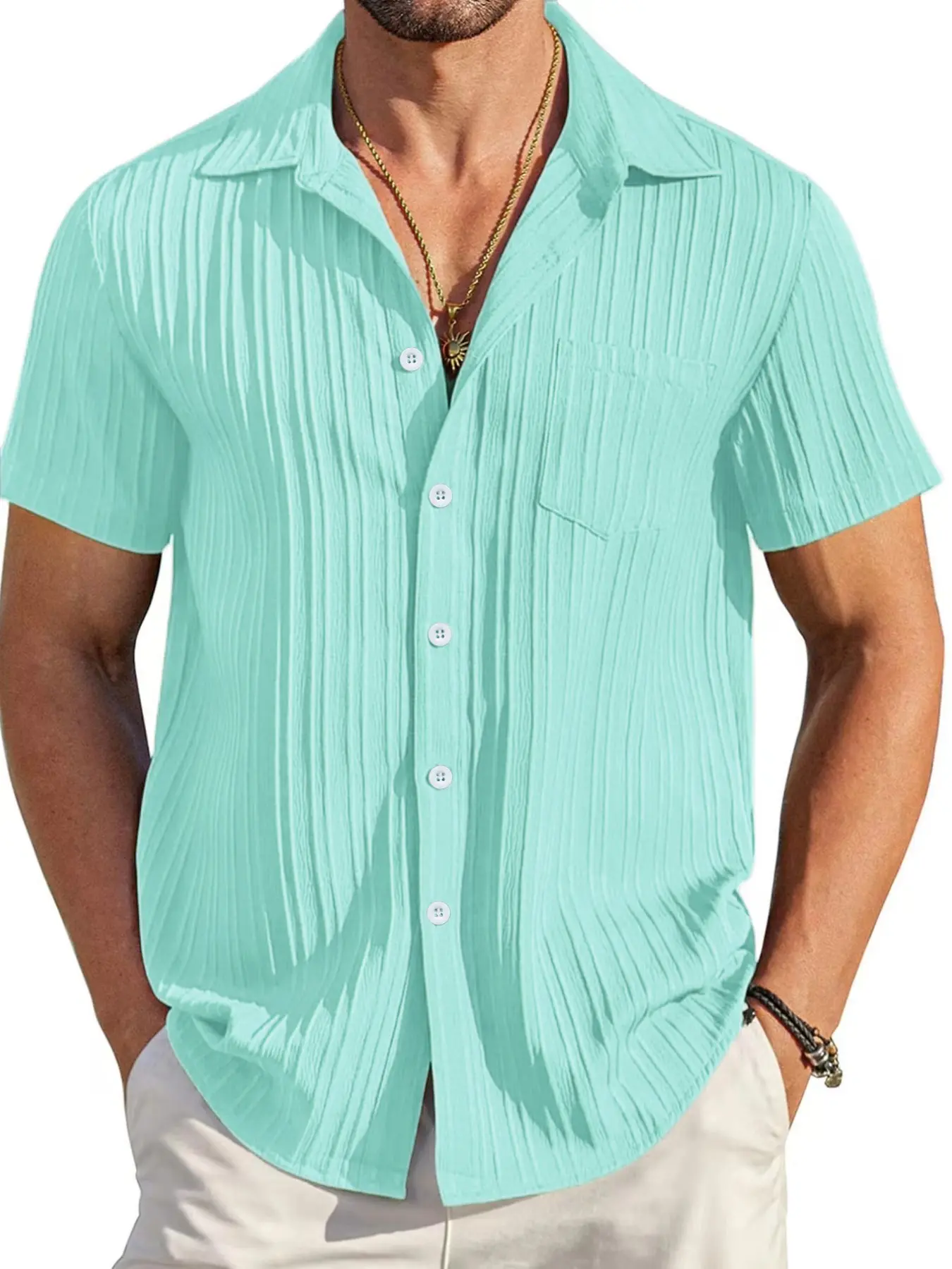 Men's Vertical Pleat Textured Collar Short Sleeve Plain Casual Shirt, Breathable, Comfortable, Versatile, Ideal for Daily Wear, Beach, Streetwear
