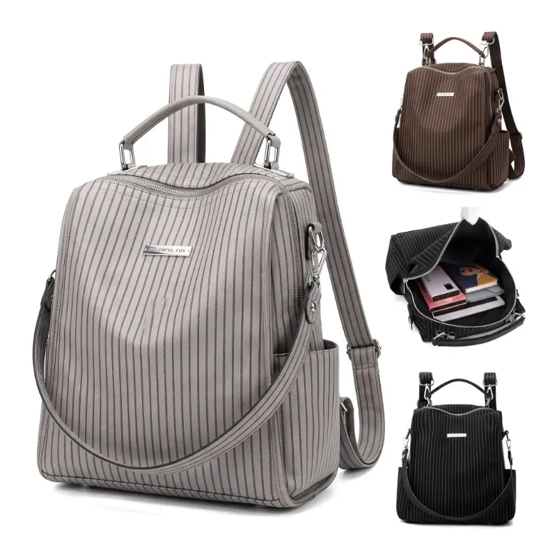 Women's striped nylon backpack—lightweight, water-resistant, and multi-pocketed; a stylish pinstriped travel backpack suitable for travel, work, and daily use
