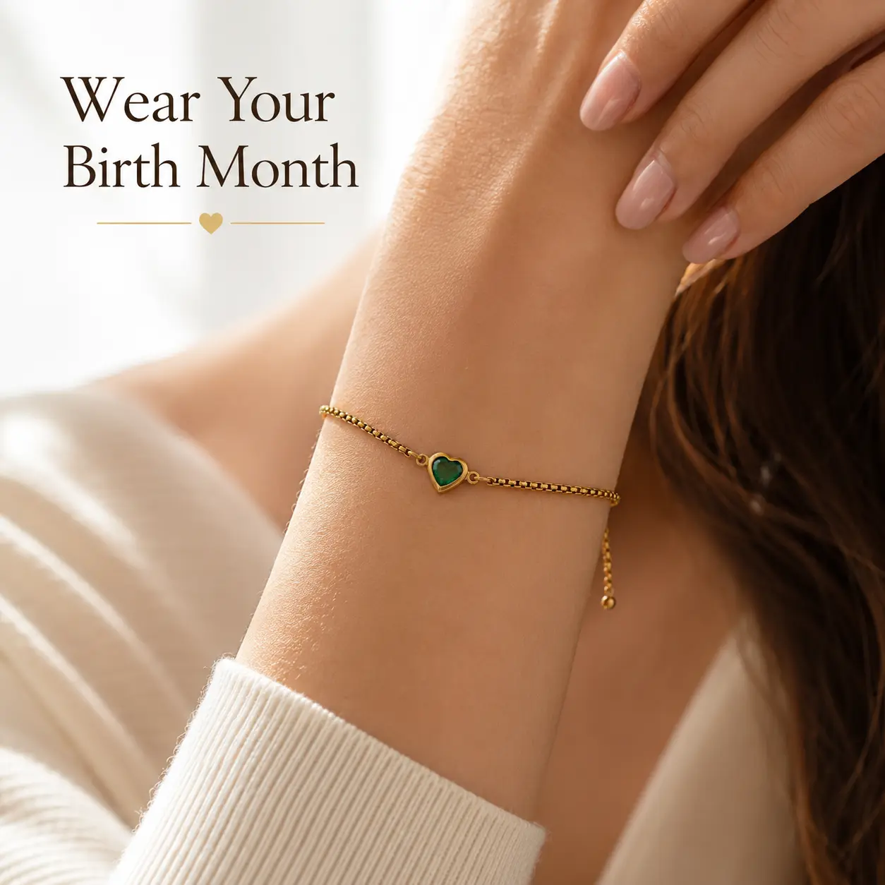 Heart Birthstone Bracelet for Women, 18K Gold Tone Stainless Steel Adjustable Box Chain Bracelet, Personalized Birth Month Jewelry Gift for Her