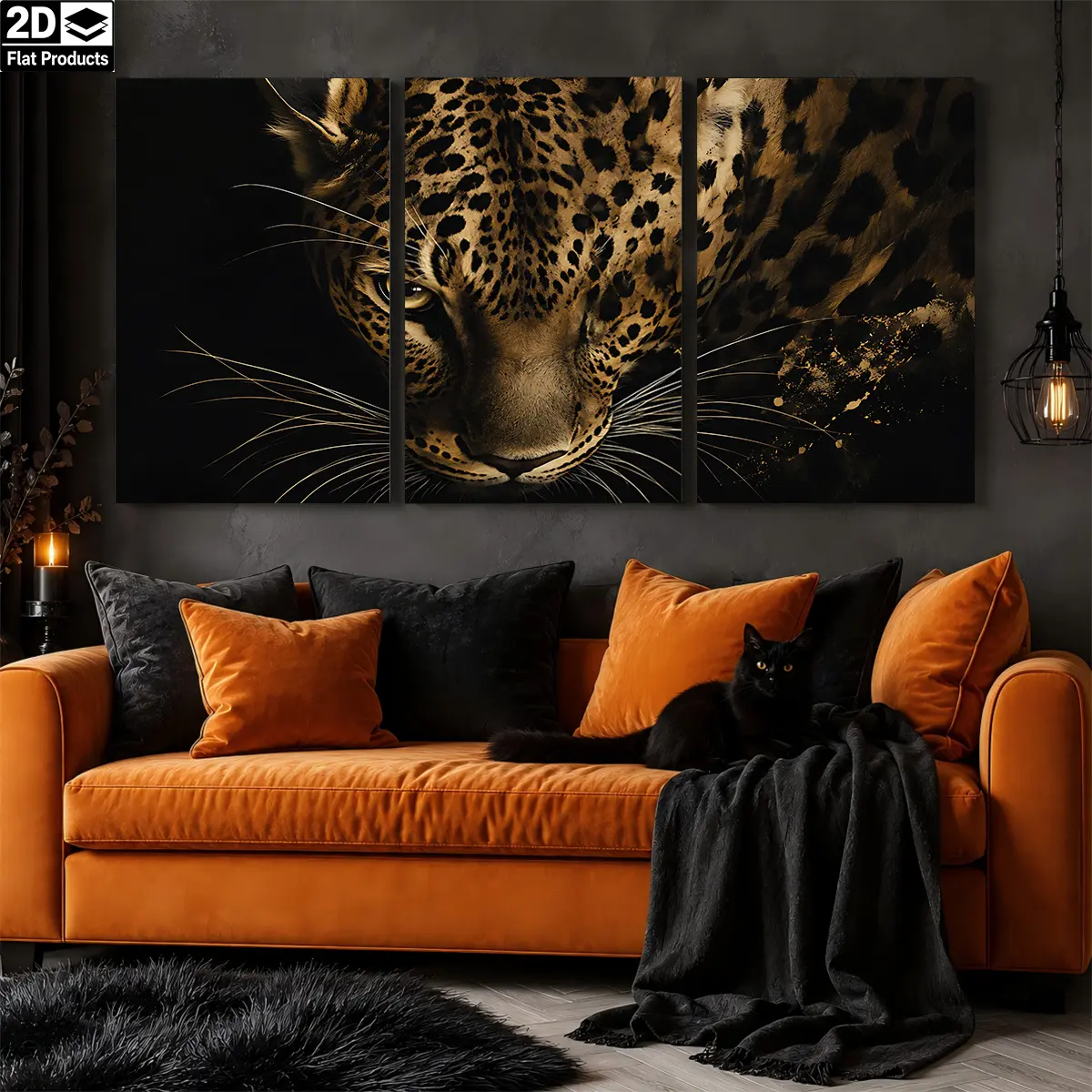 Home Decor 2-Piece 3-Panel Triptych Canvas Wall Art - Golden Leopard Print on Black Background, Waterproof, Wood Framed, Ready-to-Hang Decorative Poster Print