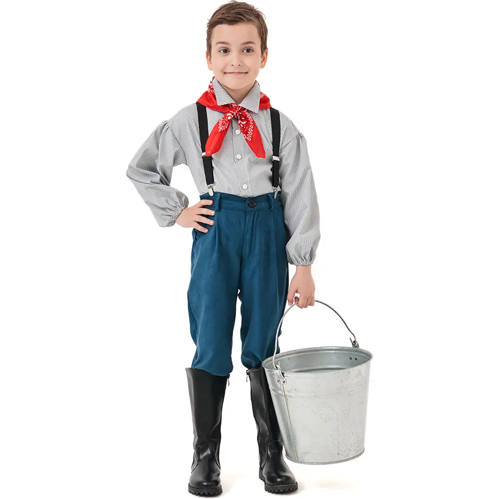 Boys Colonial Pioneer Farmer Costume Set, Striped Shirt Suspender Pants with Red Bandana, 100% Polyester Kids Historical Dress Up Outfit for Halloween World Book Day clothing