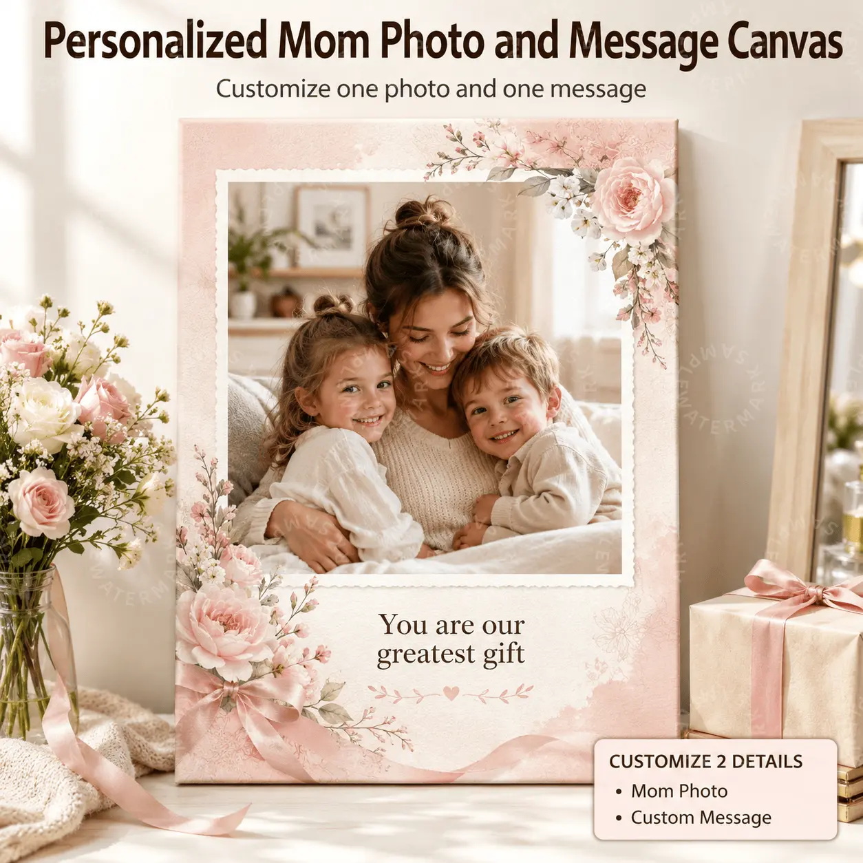 Personalized Mom Photo Floral Canvas Wall Art, Custom Pink Watercolor Rose Ribbon Mother Quote Poster, Soft Neutral Aesthetic Decor for Bedroom Living Room, Mother’s Day Family Memory Gift