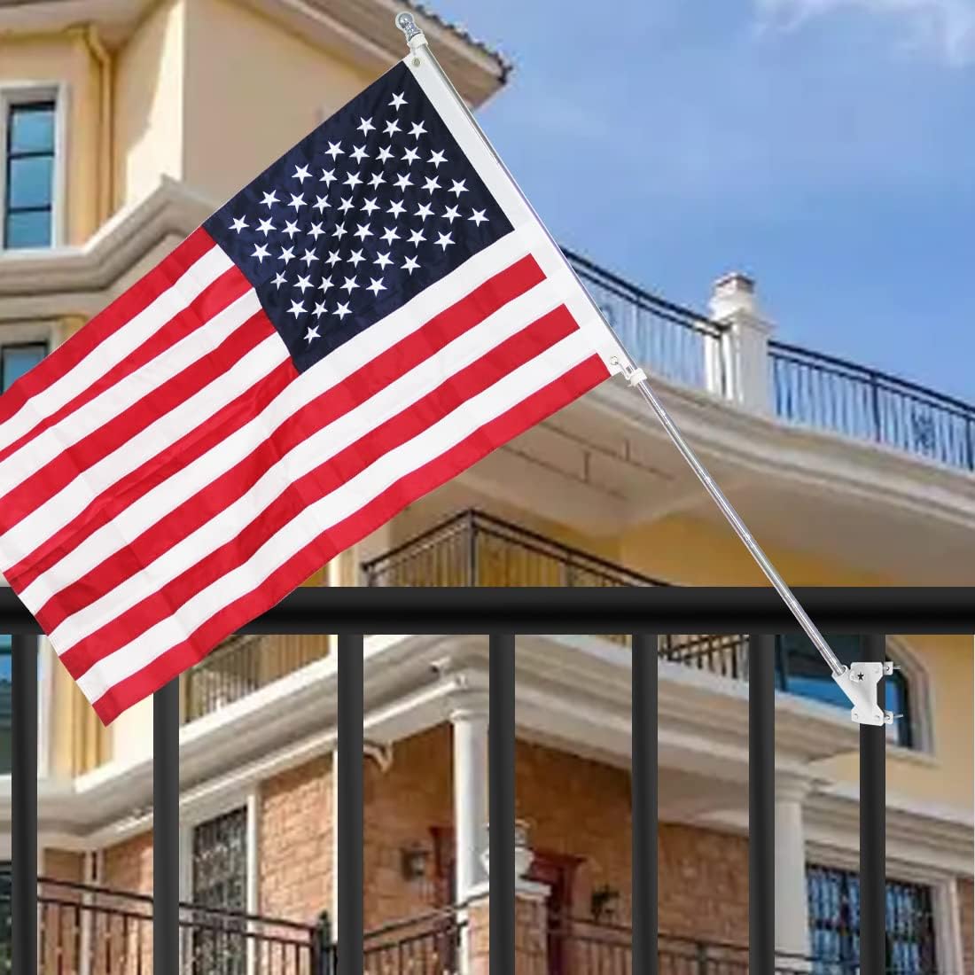 Flag Pole Bracket for 1" Dia Flag Pole Mount, Heavy Duty Carbon Steel, Black, Wall Mount, 45  Angle, Includes Mounting Hardware