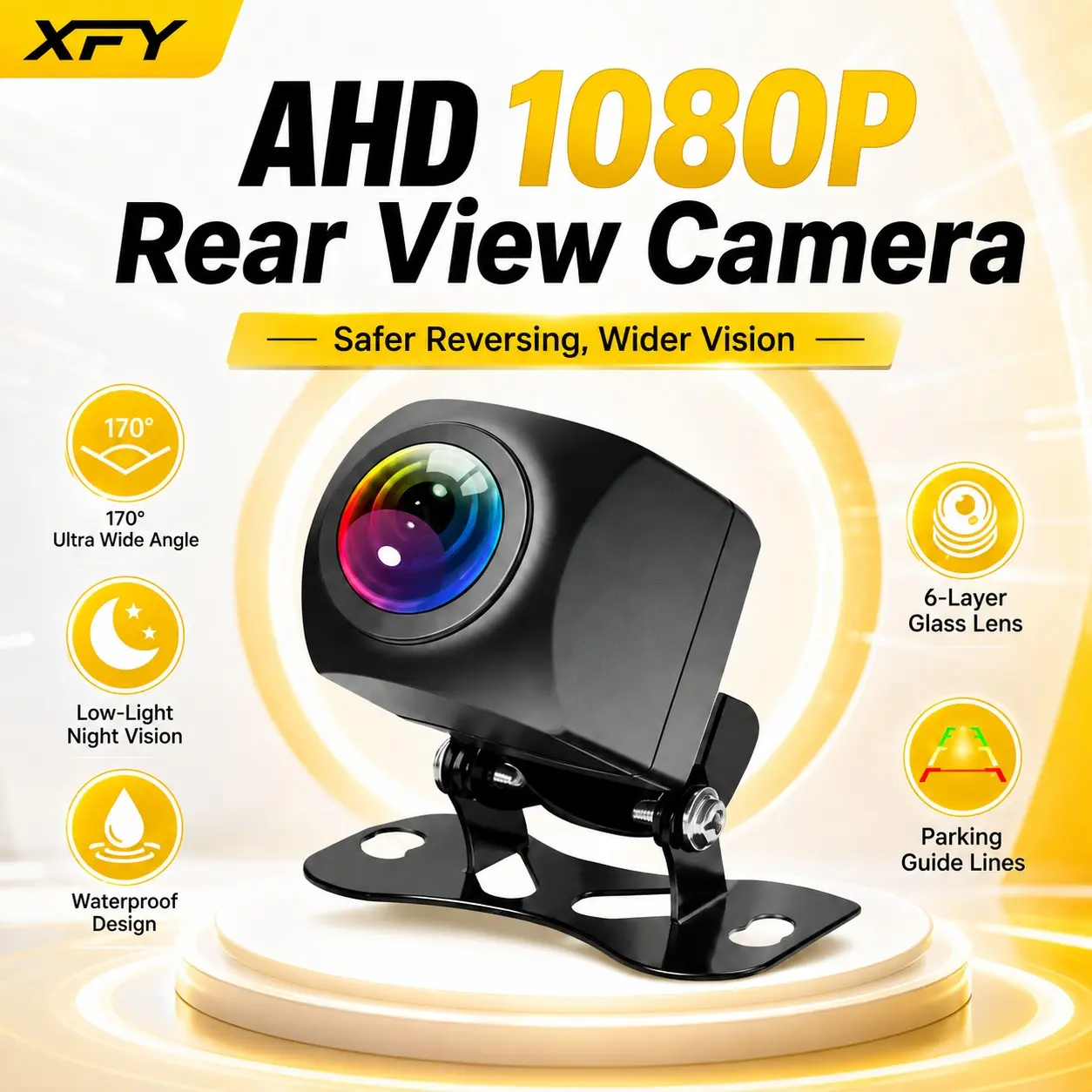 Ahd 1080P HD Backup Camera, Rearview Camera, 170° Wide Angle, Low Light Night Vision, Waterproof Design, Mini Hidden Installation, Reverse Assist Line