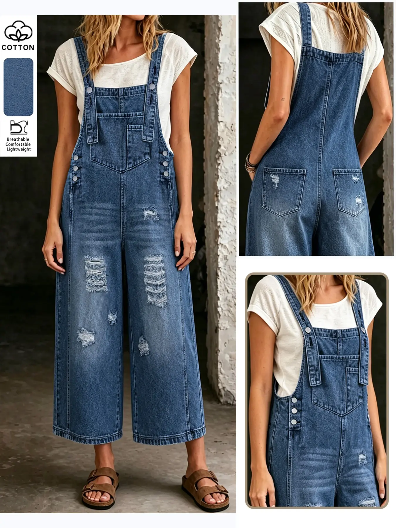 Summer Lightweight Breathable Denim Drawstring Overalls, Vintage Washed Ripped Wide Leg Pants, Casual Loose-Fitting Long Pants for All Seasons