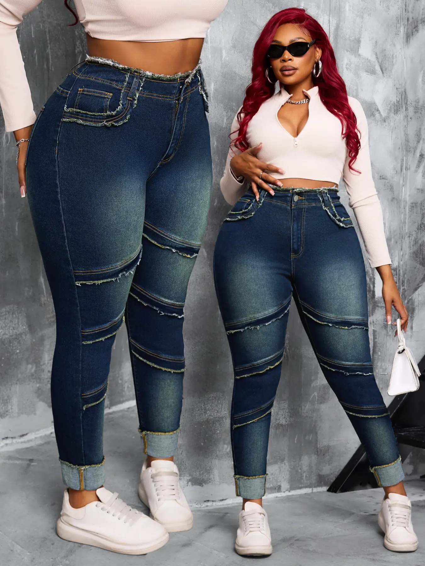 【Plus Size】 Raw Hem High Waist Dark Wash Stretchy Denim Jeans, Denim Pants Basic Comfy Slim-fitting Outfits Women's Bottoms for Summer