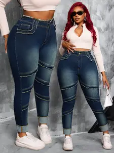 【Plus Size】 Raw Hem High Waist Dark Wash Stretchy Denim Jeans, Basic Comfy Slim-fitting Outfits Women's Bottoms for Summer