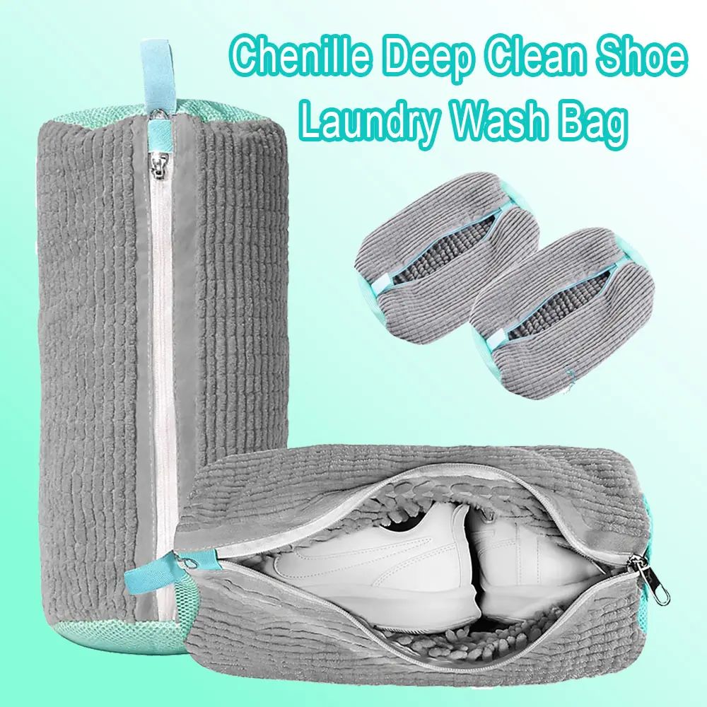 Green Fluffy Fiber Polyester Shoe Wash Bag Padded Laundry Shoe Protector For Washing Machine