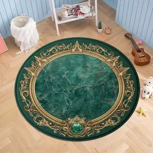 Luxury Emerald Green Round Area Rug Vintage Golden Baroque Floral Border Malachite Pattern Flannel Doormat Soft Plush Surface Rug Non-Slip Washable Floor Carpet For Bedroom Living Room Chair Indoor Decor Retro Home Aesthetic Room Decorative Mat Pad