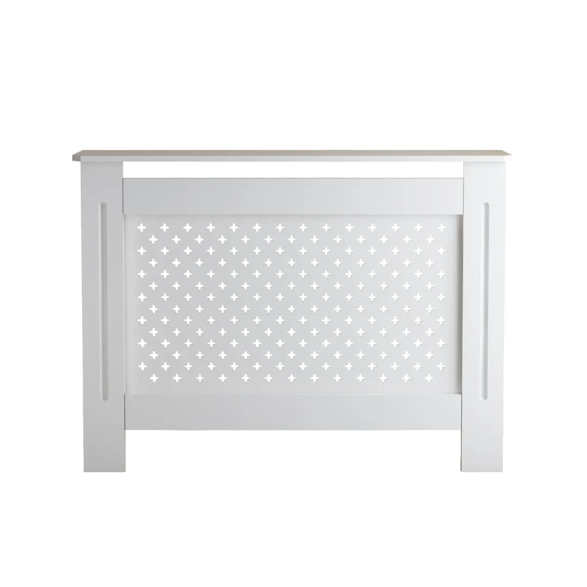 White Rectangular MDF Radiator Cover, 44.10"W *7.50"D *32.30"H Perforated Heater Enclosure with Multi‑Purpose Top Display Shelf, Space‑Saving Decorative Heating Cabinet for Household Indoor Rooms