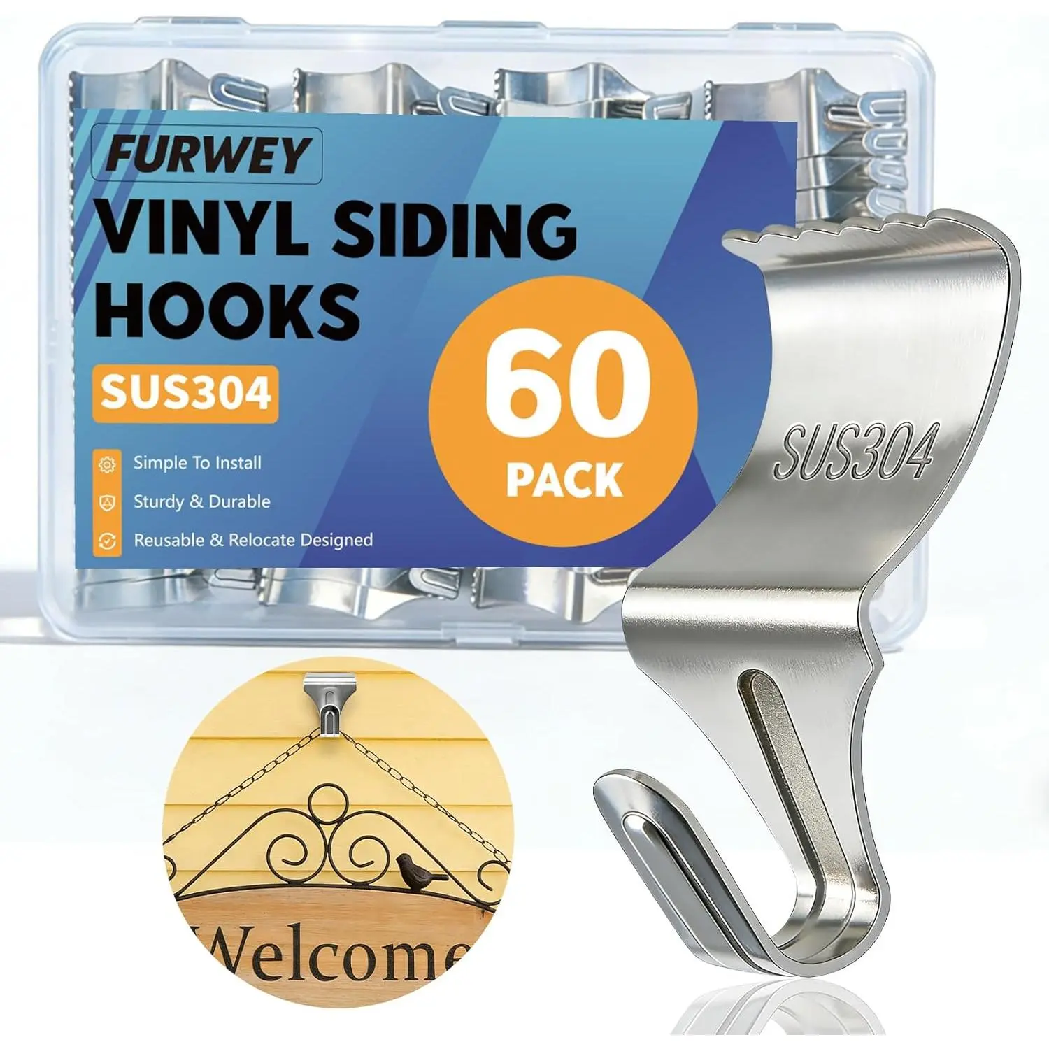 60-Pack No-Hole Vinyl Siding Hooks, Heavy-Duty Rustproof Stainless Steel Clips for Outdoor Wall Vinyl Hanging & Festive Decorations, Hook