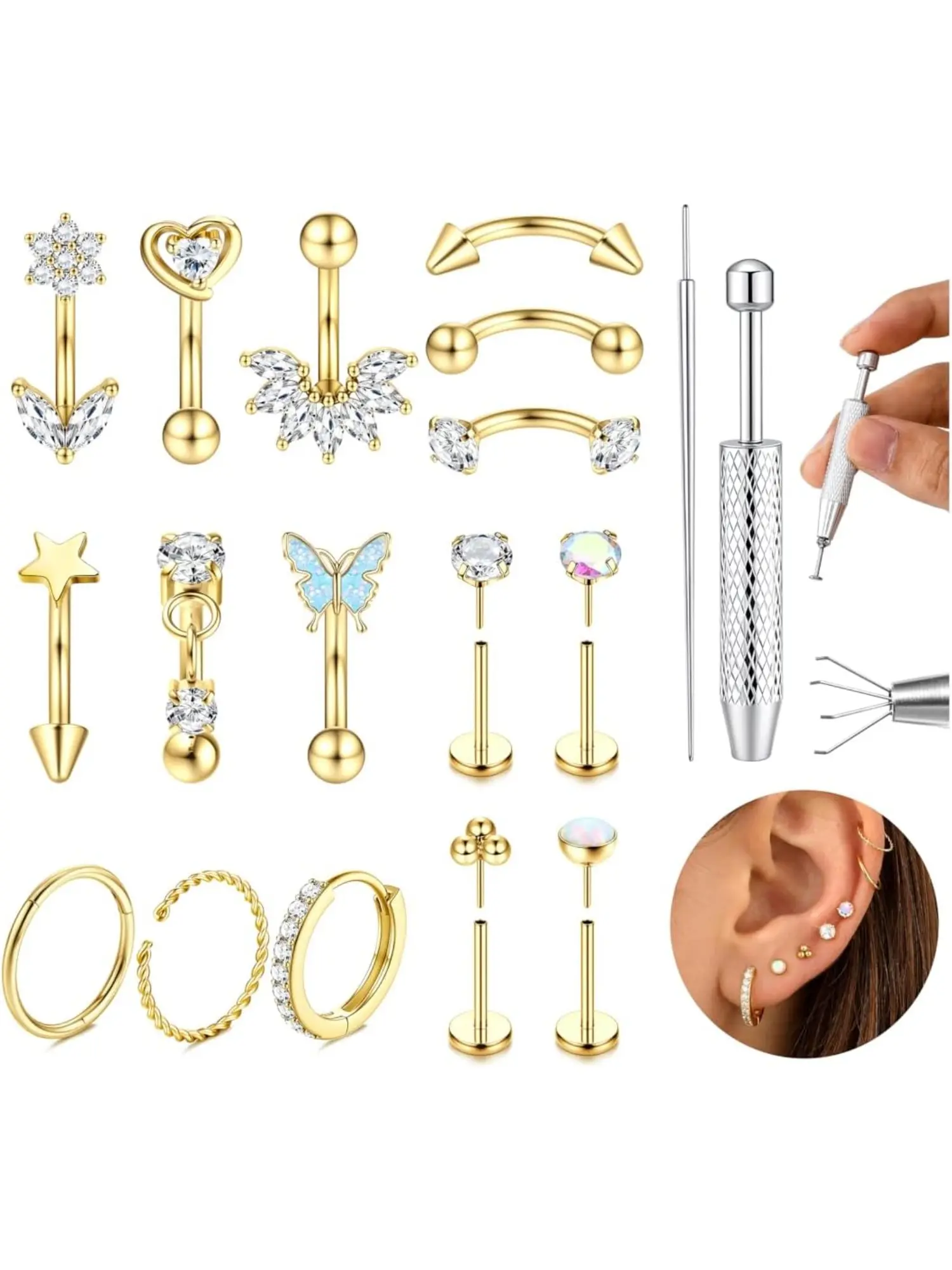 Unisex 16G Hypoallergenic 316L Surgical Steel Body Piercing Jewelry Set Silver Gold Rose Gold Tone, Curved Barbells Vertical Labret Lip Eyebrow Rook Daith Helix Conch Cartilage Stud Hoop Earrings for Men Women