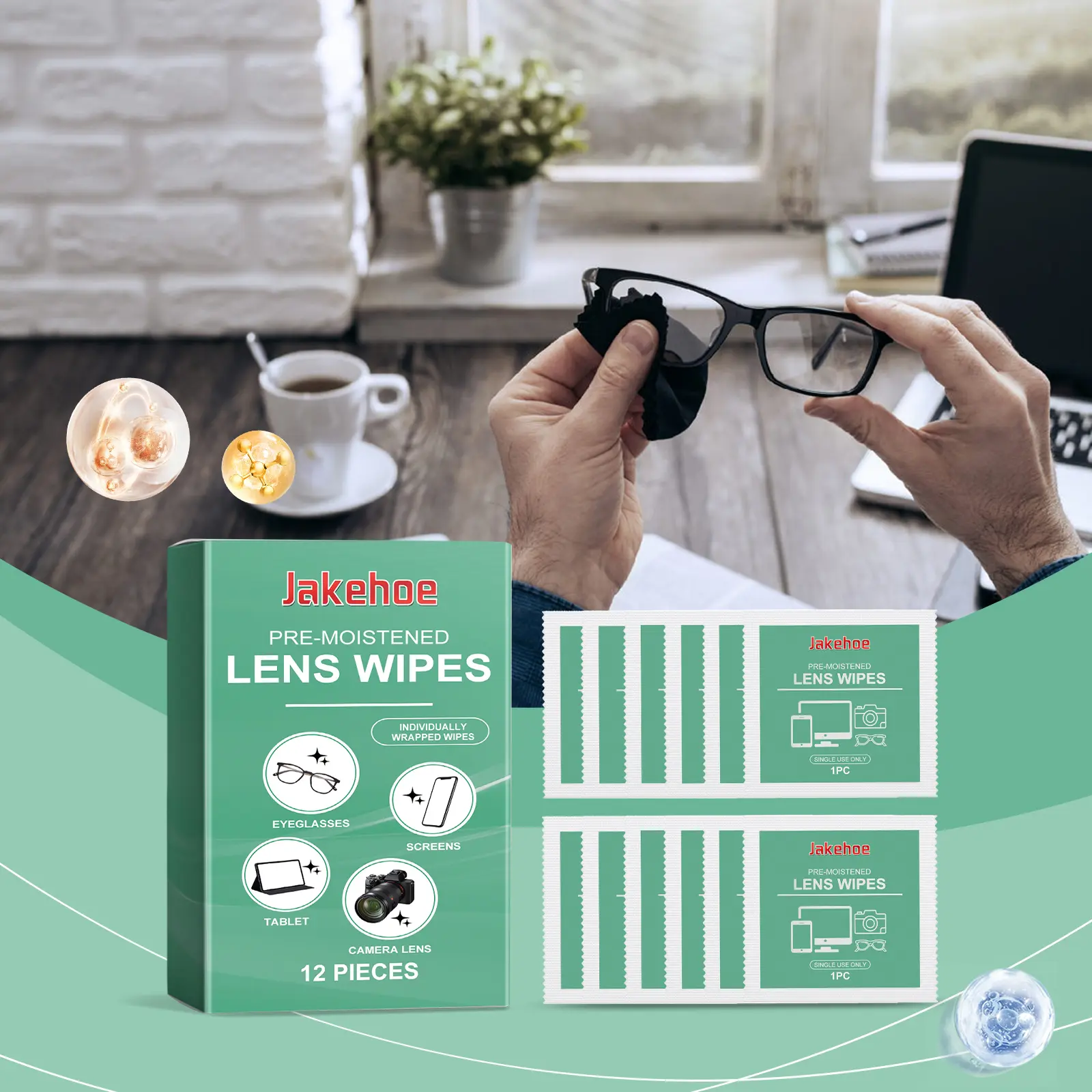 Jakehoe Pre-Moistened Crystal Lens Wipes, 12-Piece Single Box Individually Wrapped Tissues for Eyeglasses, Smartphone Digital Screens, Multi-Screen Devices, Fast-Dry Streak-Free Scratch-Proof Cleaning Wipes